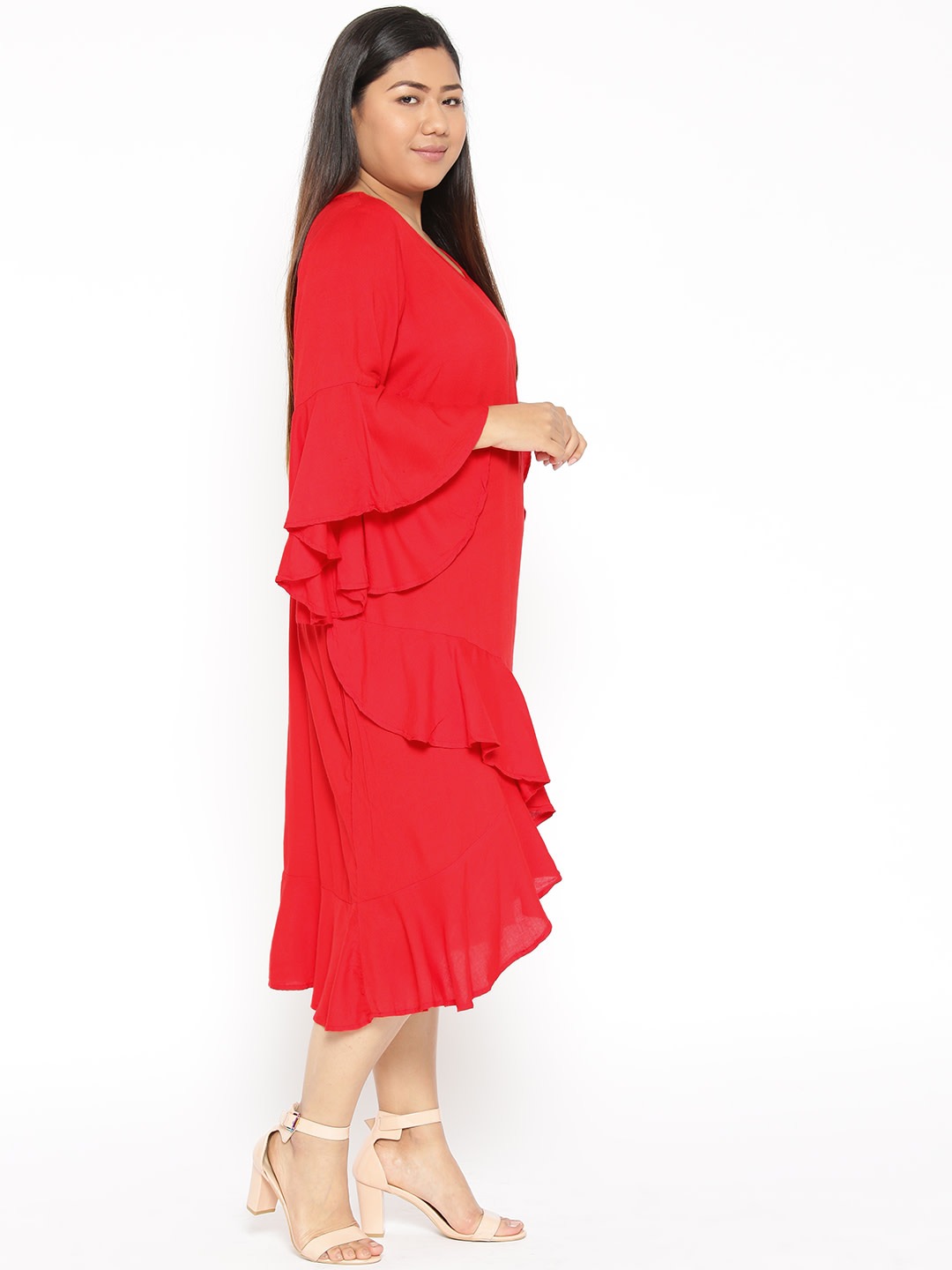 Women's Plus Size Red Solid Wrap A-Line Dress