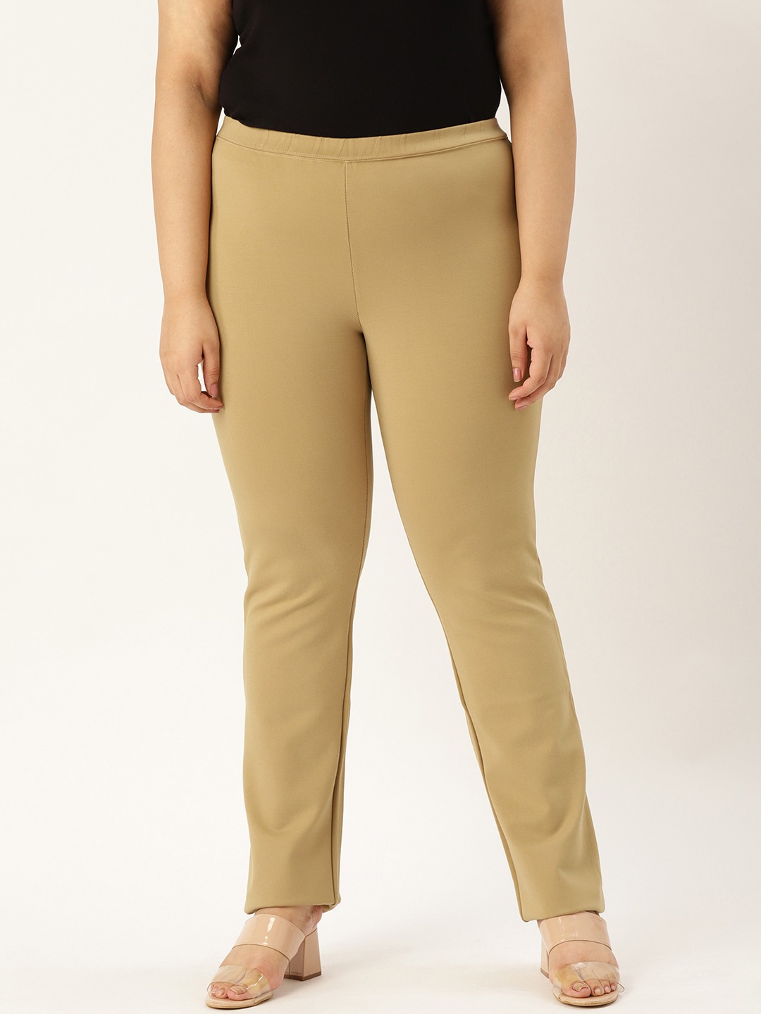 Women's Plus Size Beige Color Elasticated High-Rise Trouser