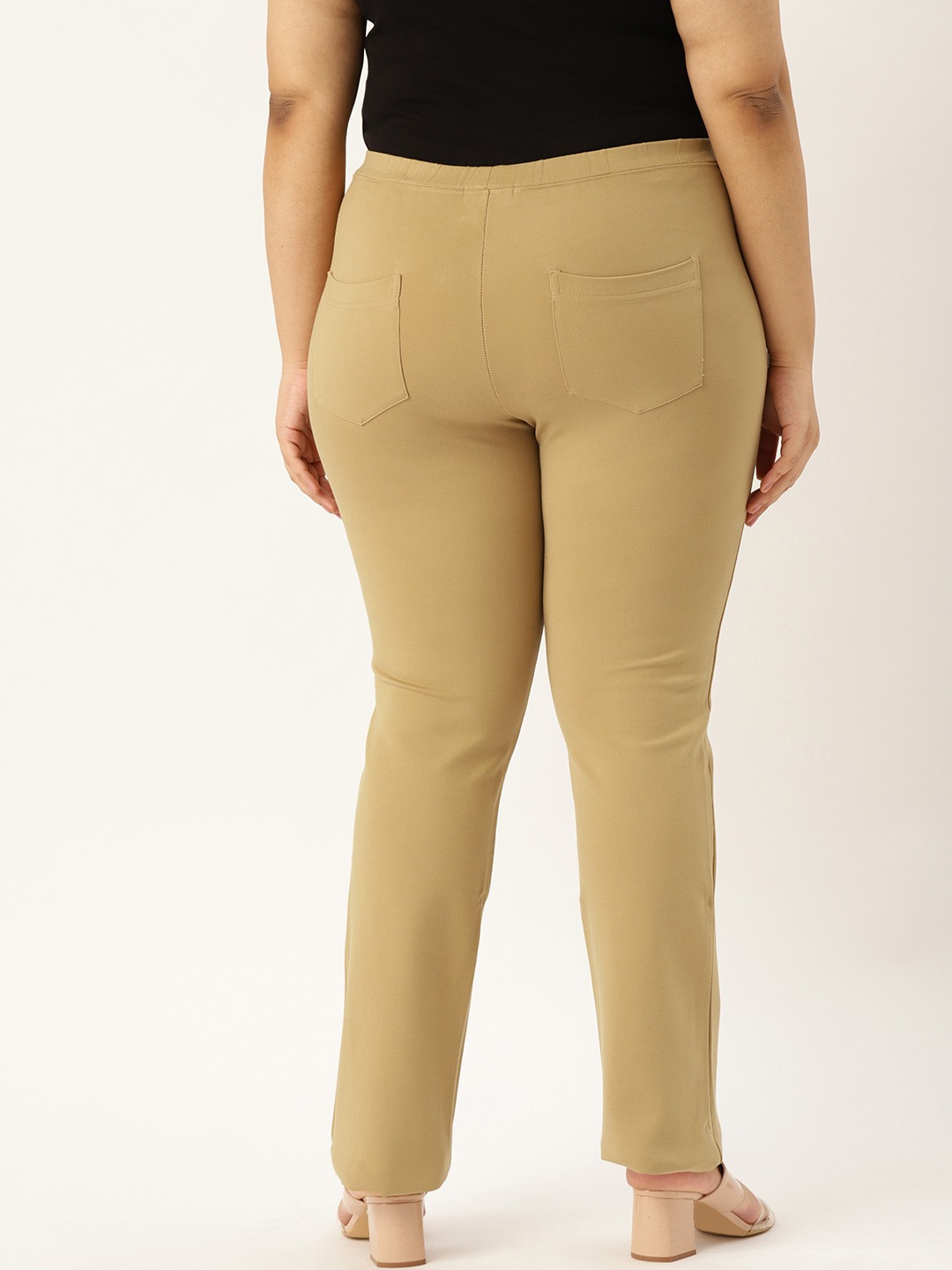 Women's Plus Size Beige Color Elasticated High-Rise Trouser