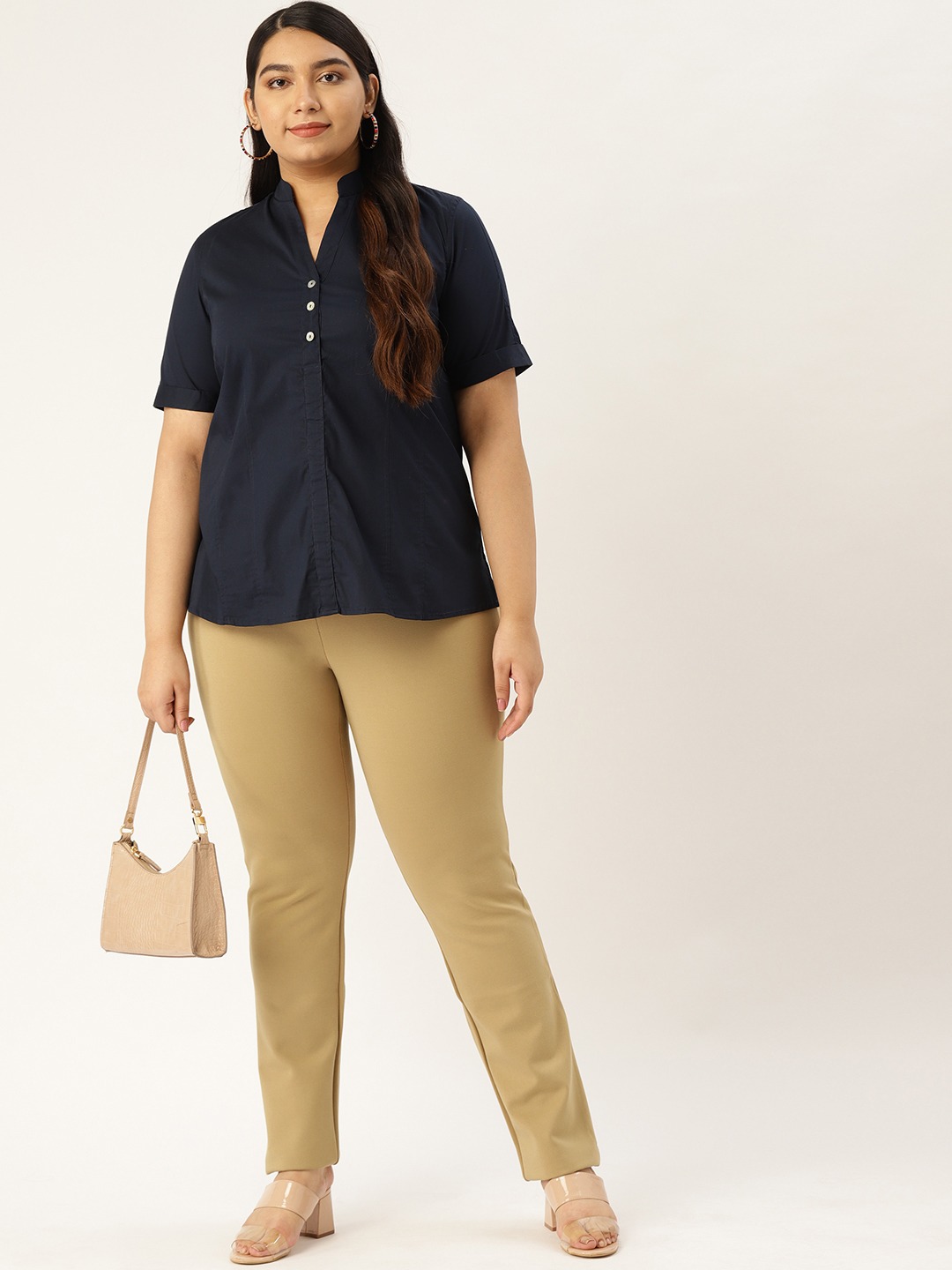 Women's Plus Size Beige Color Elasticated High-Rise Trouser