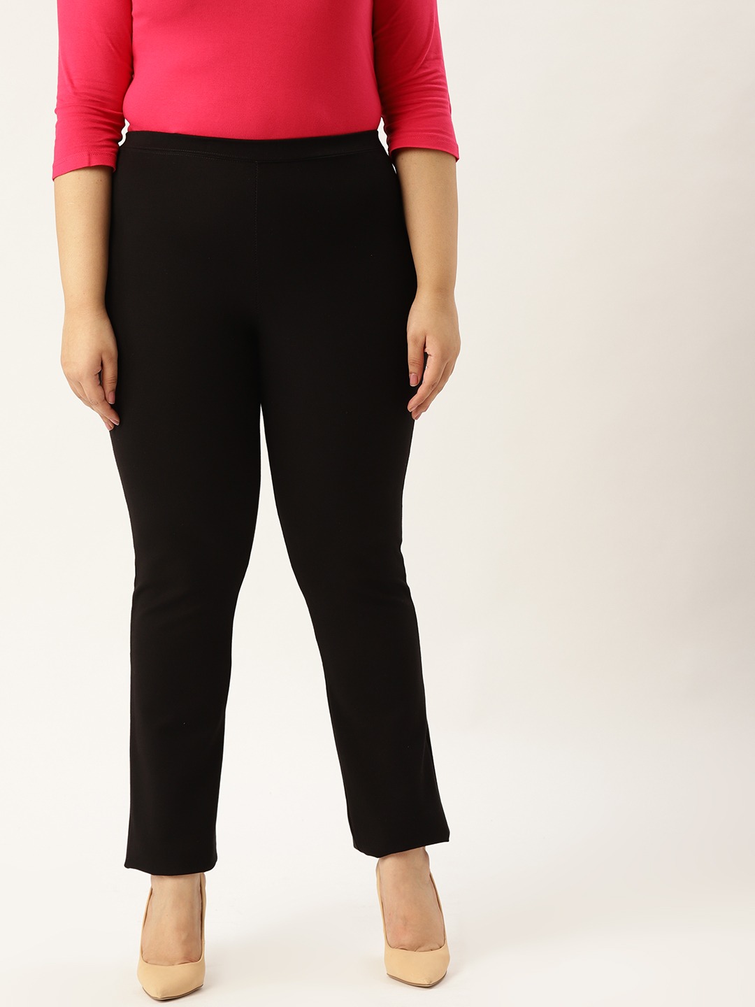 Women's Plus Size Black Color Elasticated High-Rise Trouser