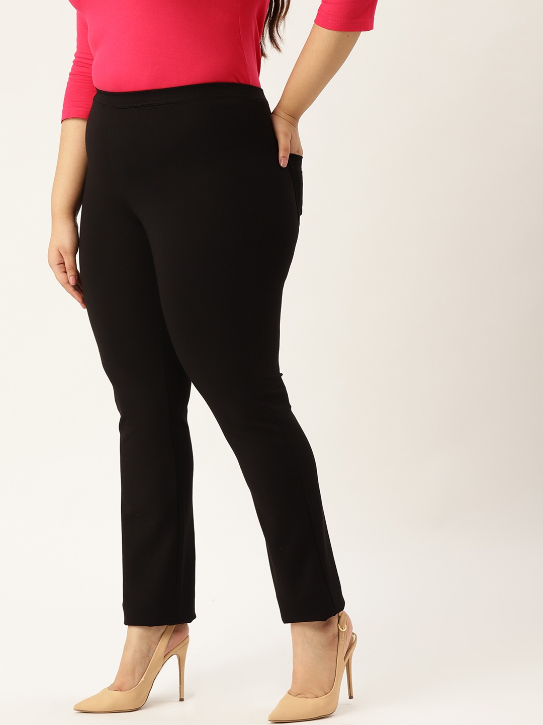 Women's Plus Size Black Color Elasticated High-Rise Trouser