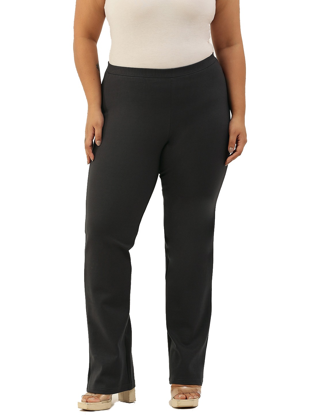 Women's Plus Size Dark Grey Color Elasticated High-Rise Trouser