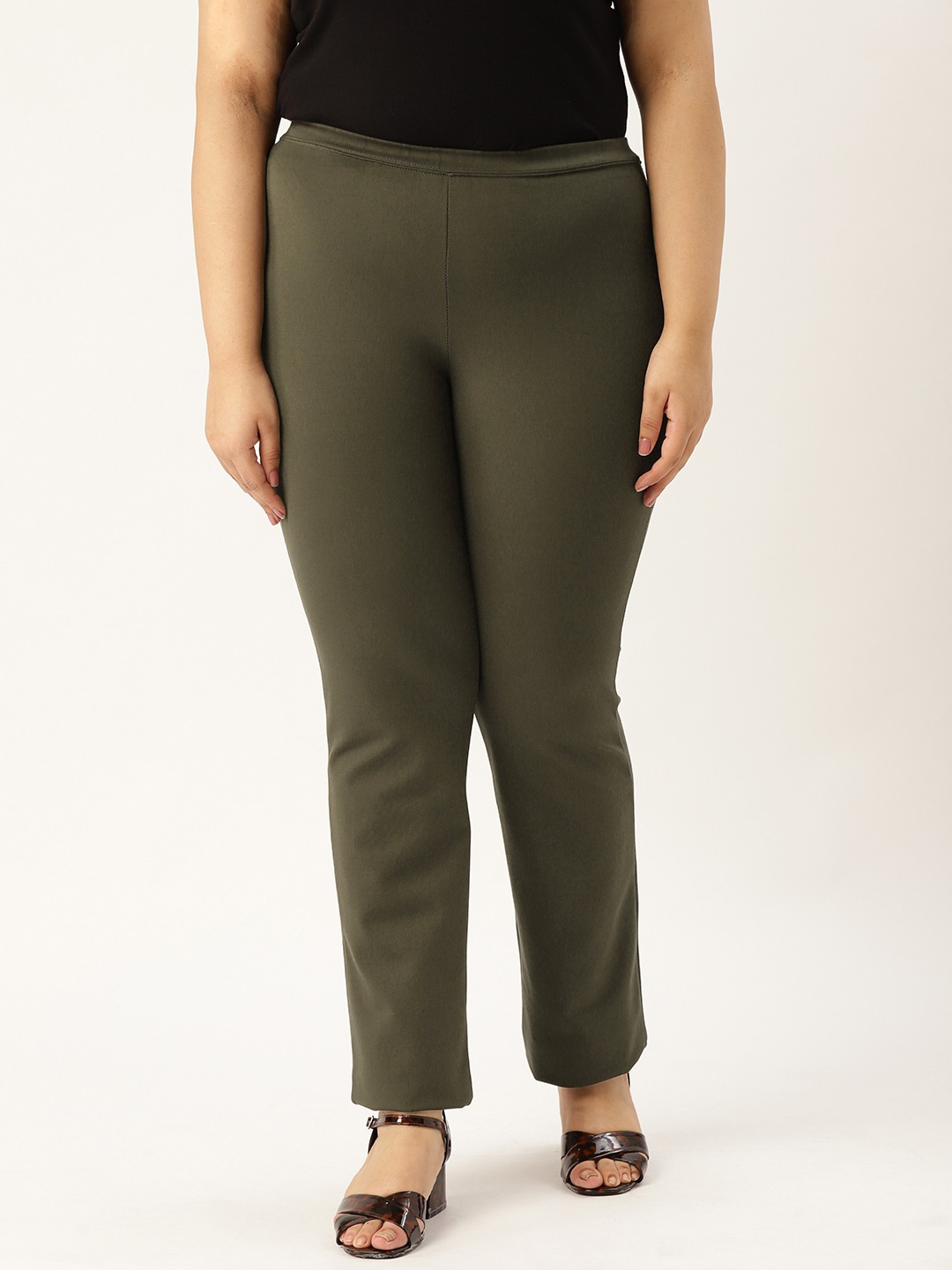 Women's Plus Size Olive Color Elasticated High-Rise Trouser