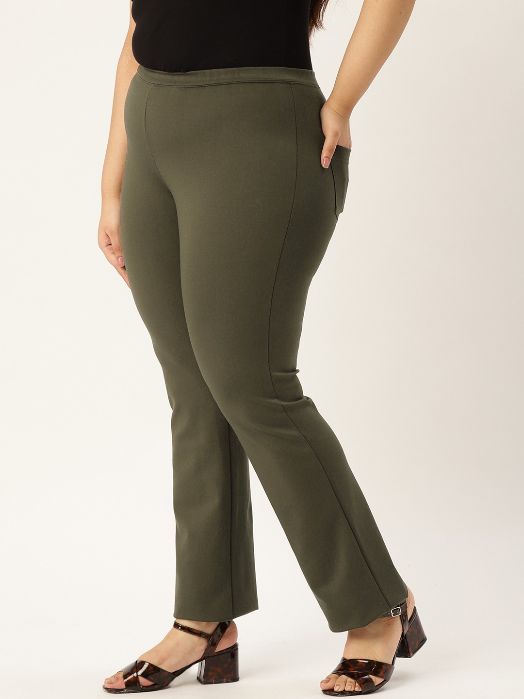 Women's Plus Size Olive Color Elasticated High-Rise Trouser