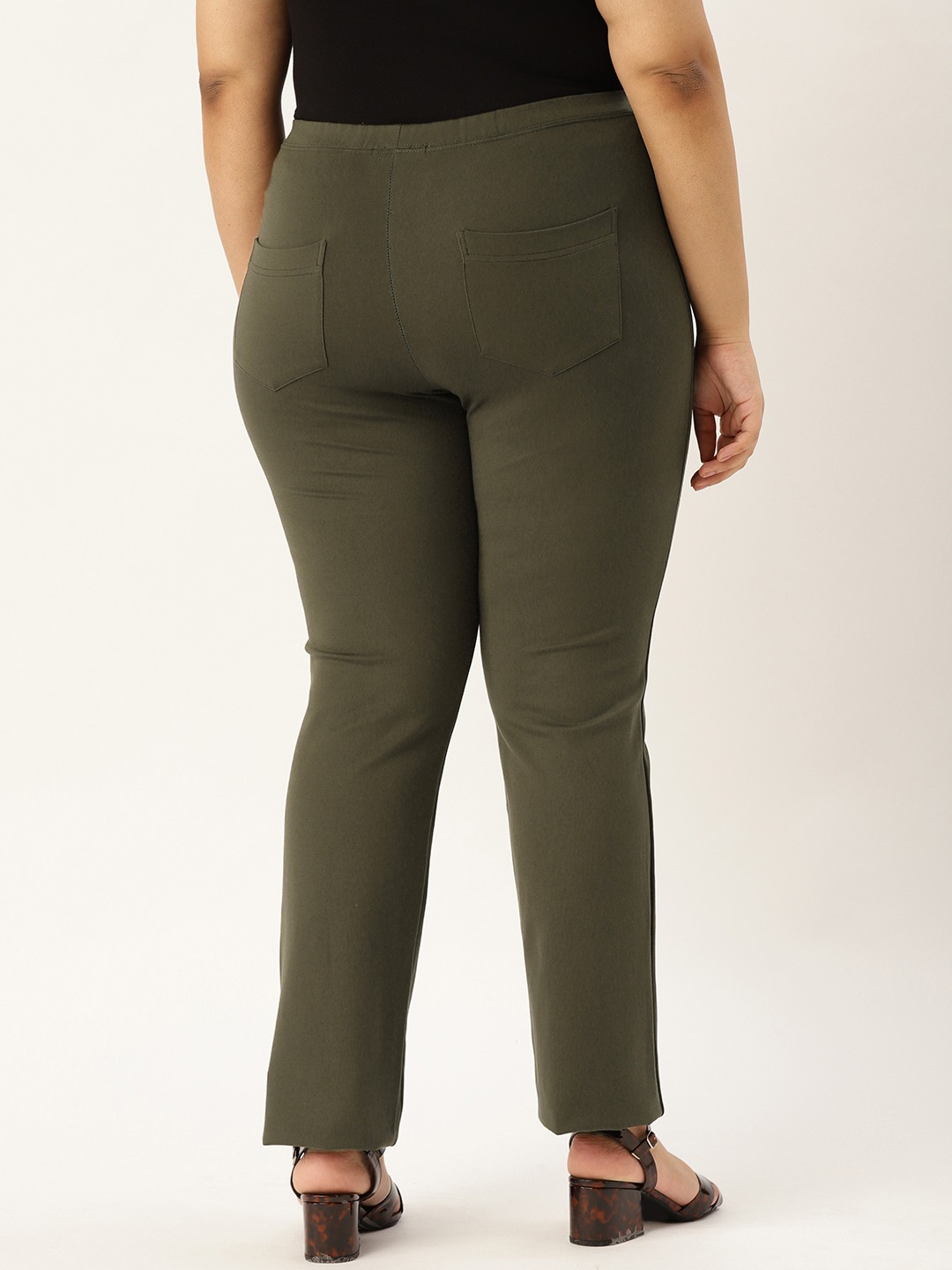 Women's Plus Size Olive Color Elasticated High-Rise Trouser