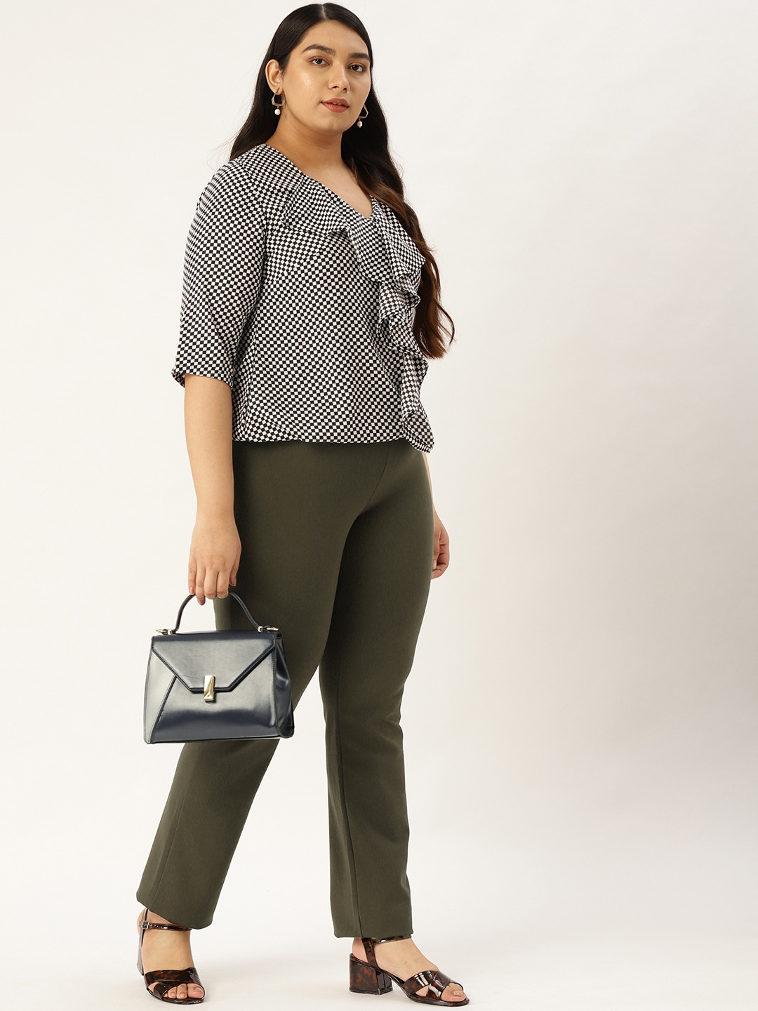 Women's Plus Size Olive Color Elasticated High-Rise Trouser