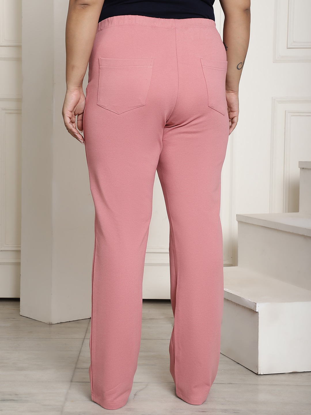 Women's Plus Size Pink Color Elasticated High-Rise Trouser
