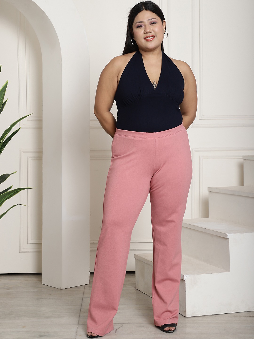 Women's Plus Size Pink Color Elasticated High-Rise Trouser