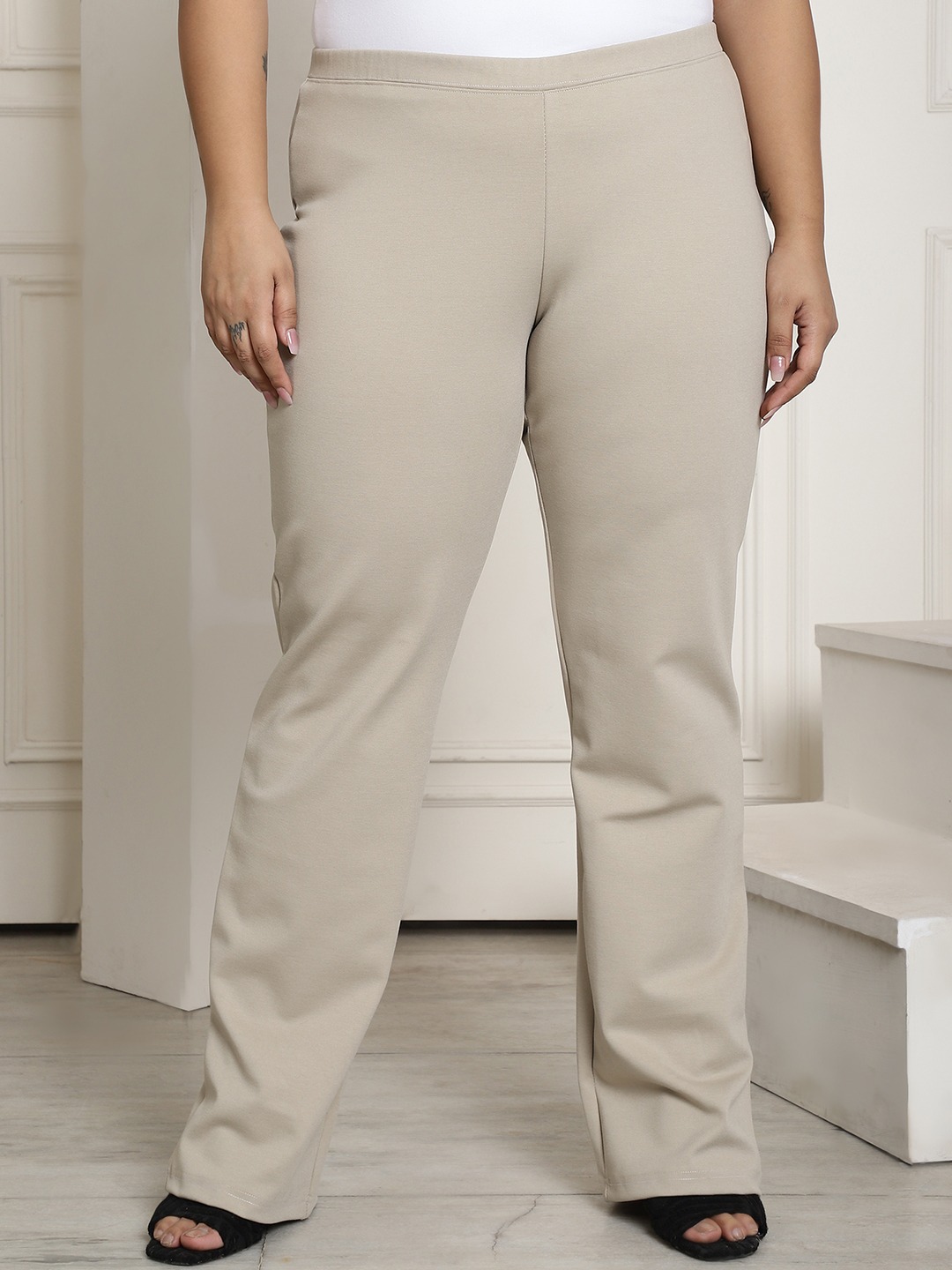 Women's Plus Size Stone Color Elasticated High-Rise Trouser