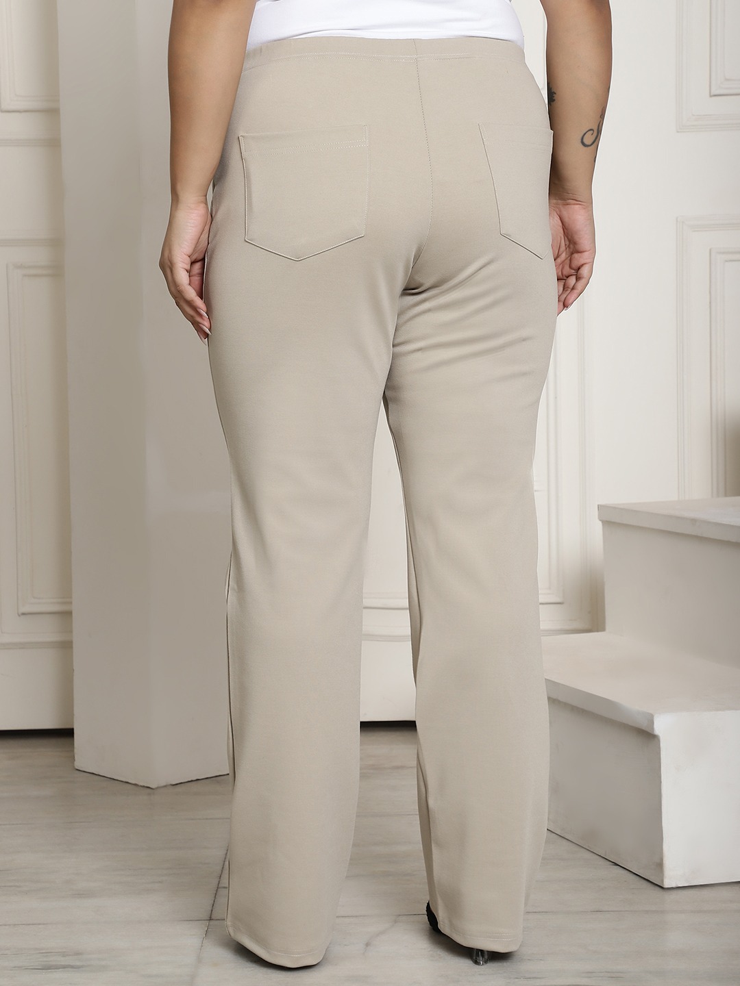 Women's Plus Size Stone Color Elasticated High-Rise Trouser