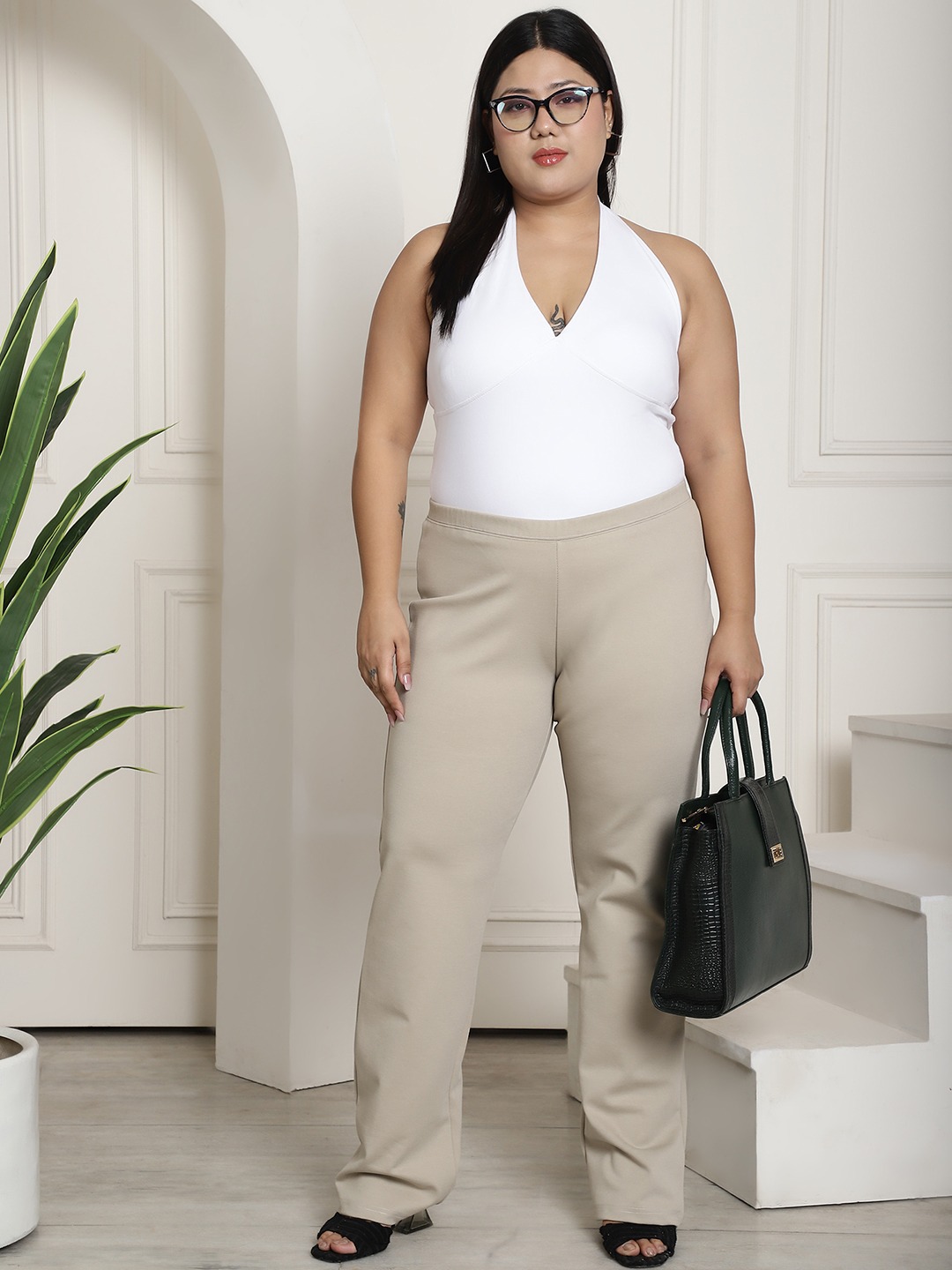 Women's Plus Size Stone Color Elasticated High-Rise Trouser