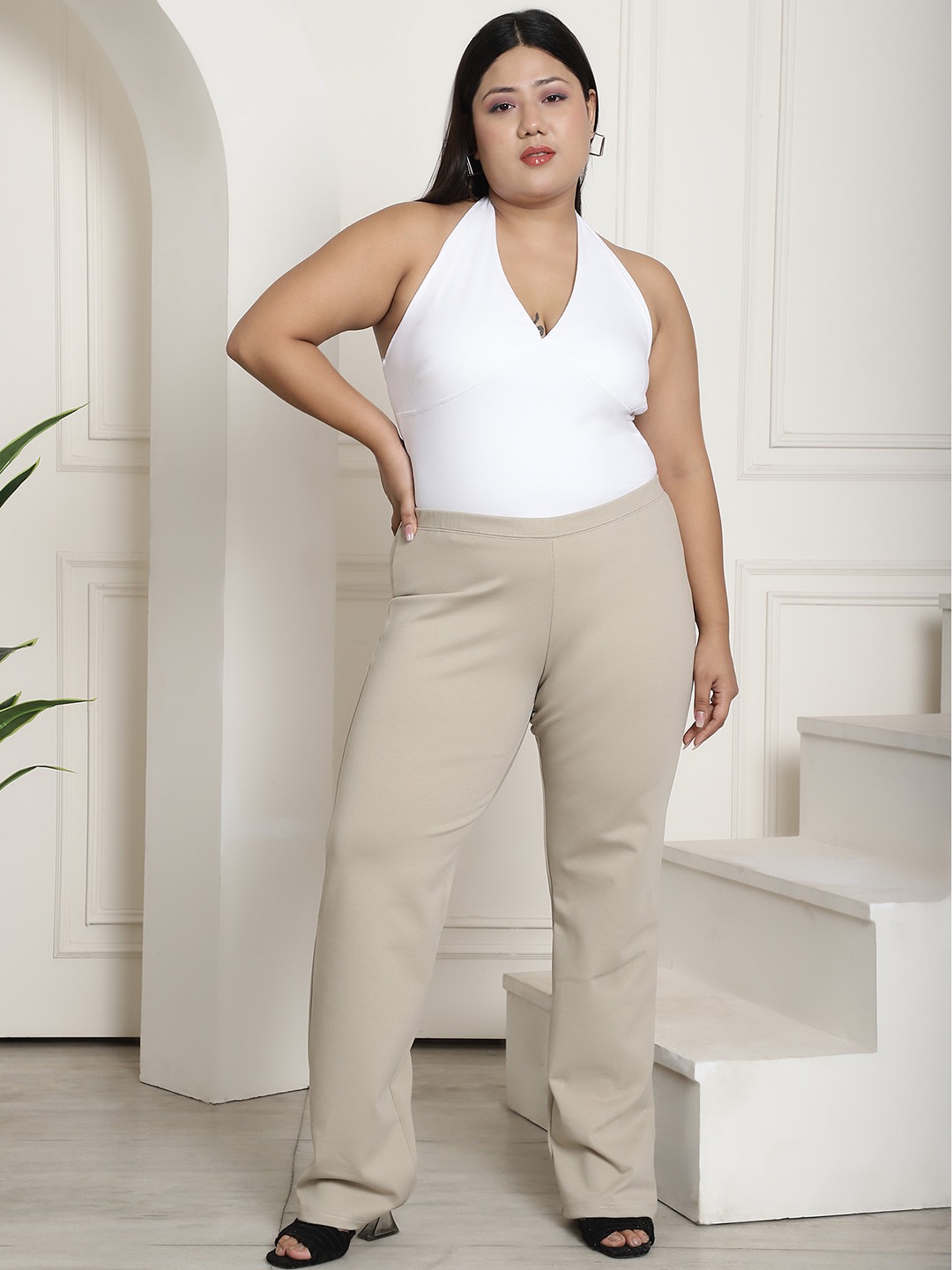 Women's Plus Size Stone Color Elasticated High-Rise Trouser