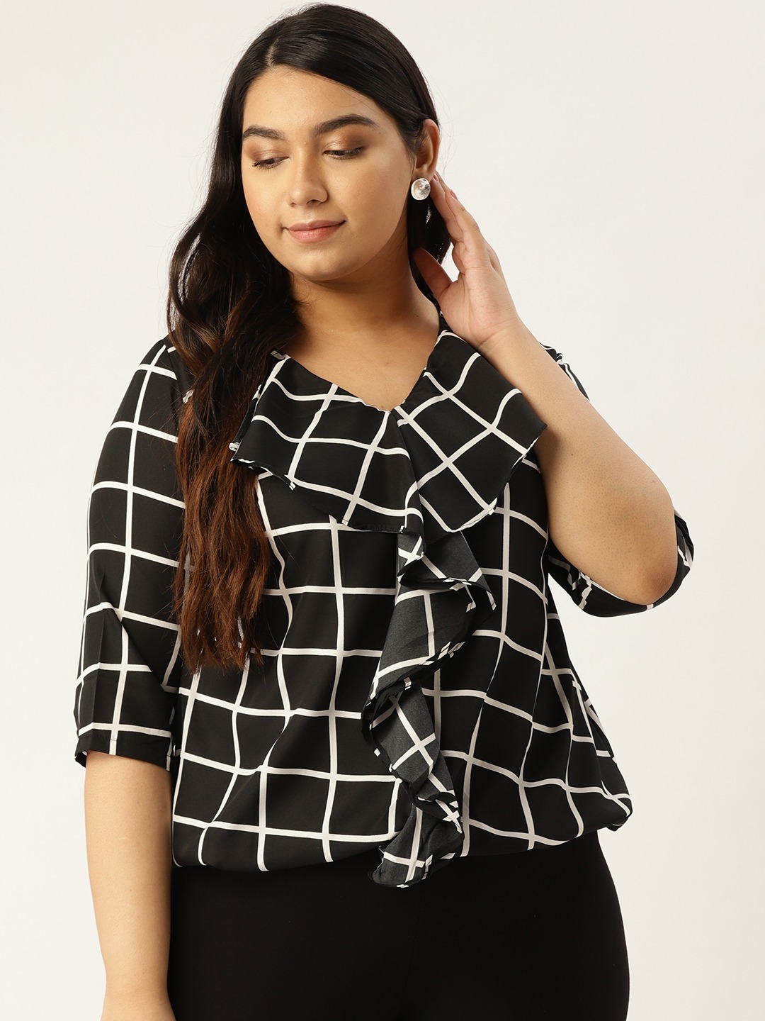Women's Plus SizeBlack & White Checked Ruffled Top