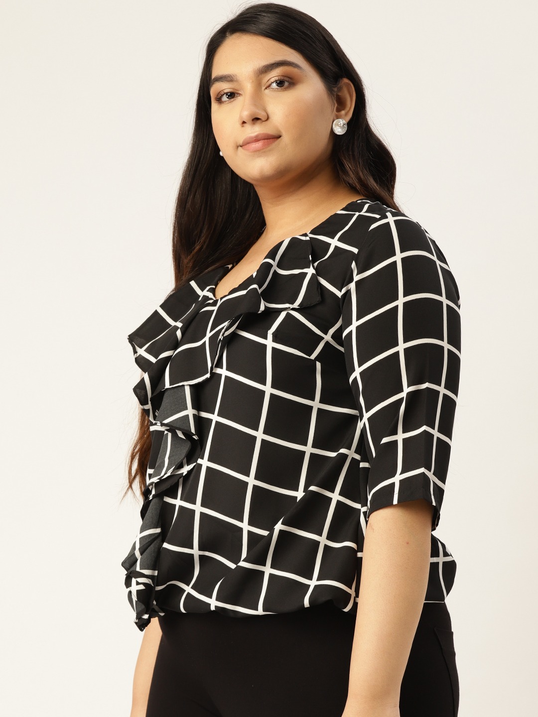 Women's Plus SizeBlack & White Checked Ruffled Top
