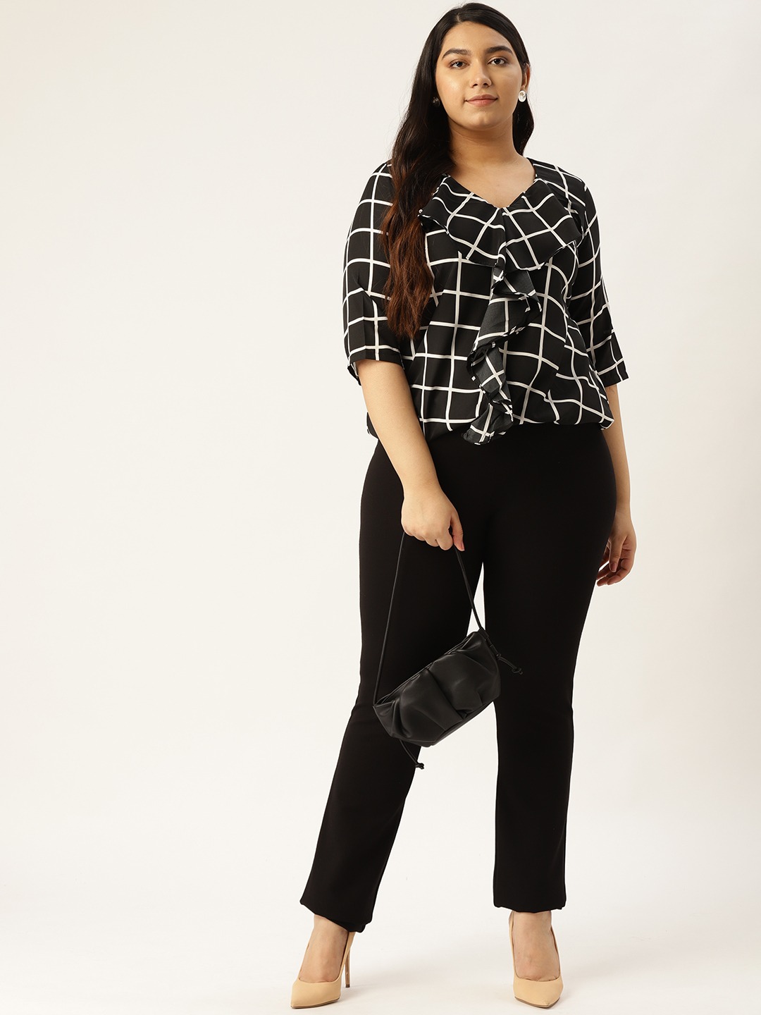 Women's Plus SizeBlack & White Checked Ruffled Top