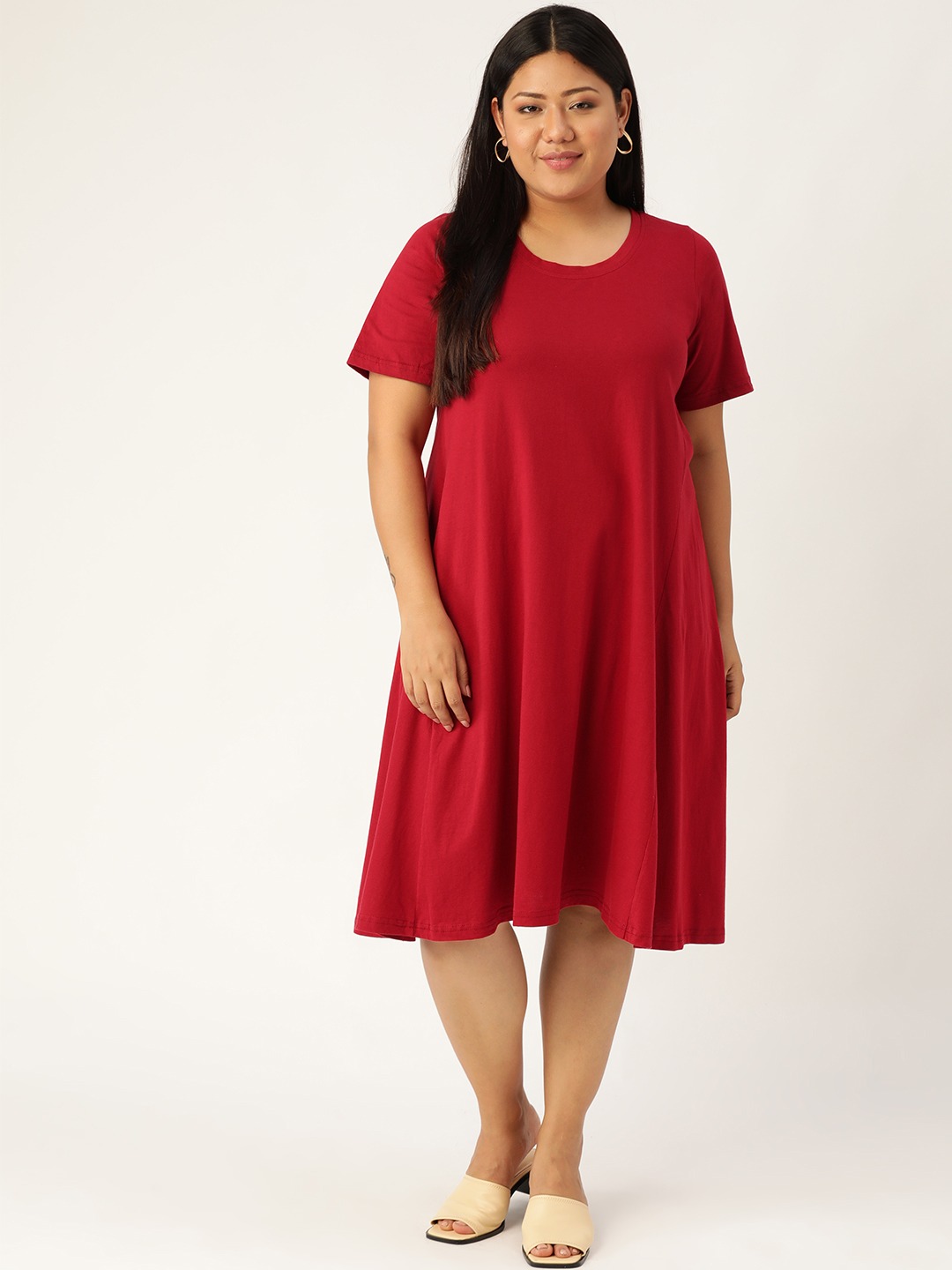 Women's Plus Size Maroon Solid A-Line Dress
