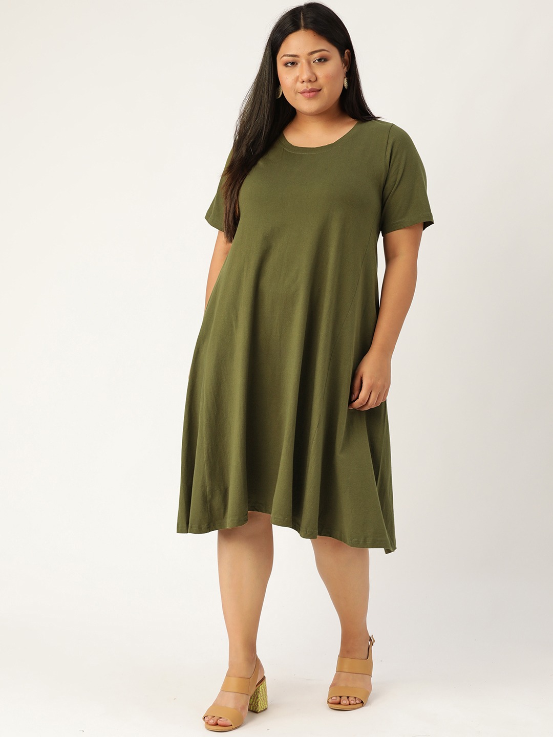 Women's Plus Size Olive Solid A-Line Dress