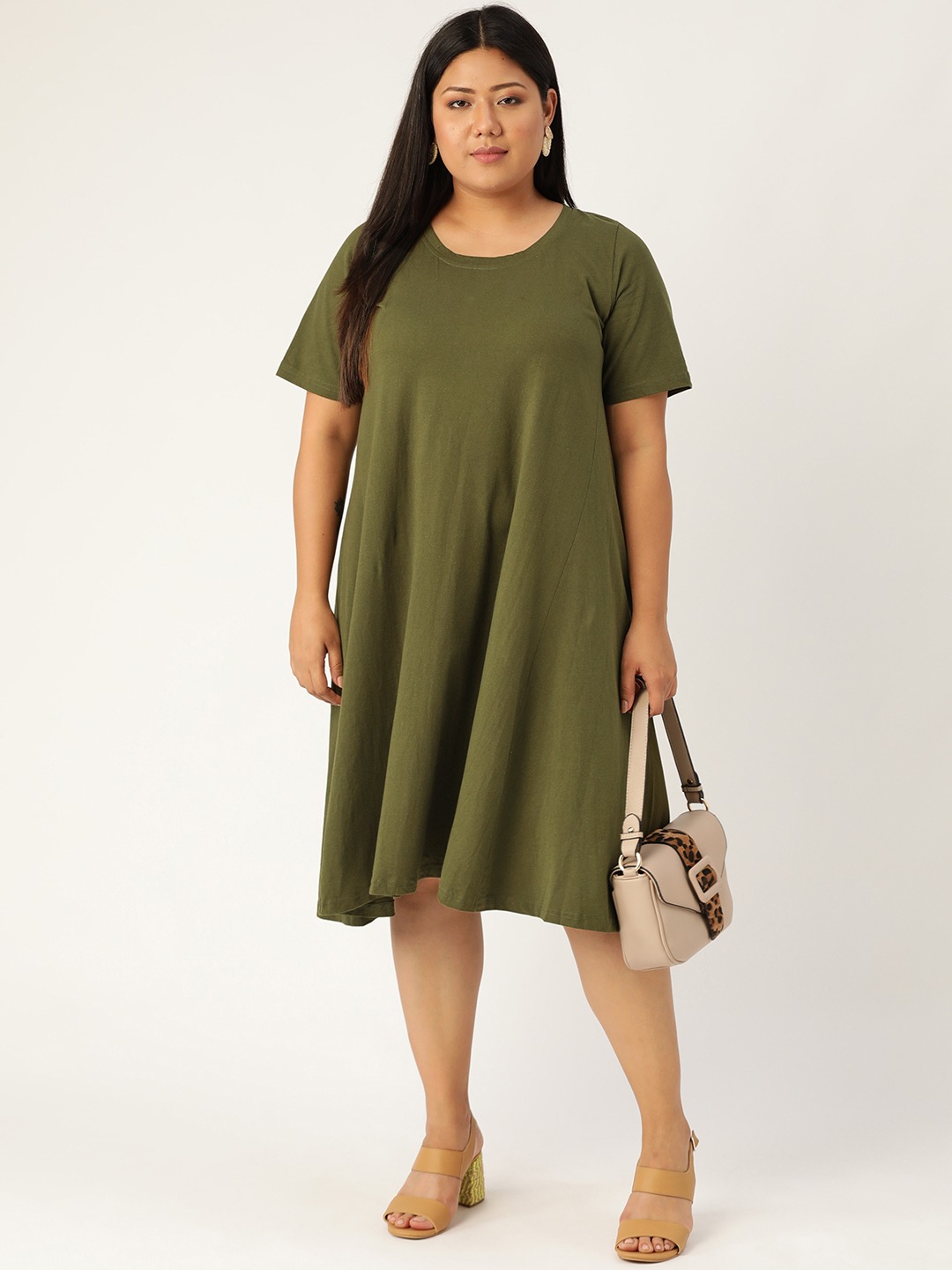 Women's Plus Size Olive Solid A-Line Dress