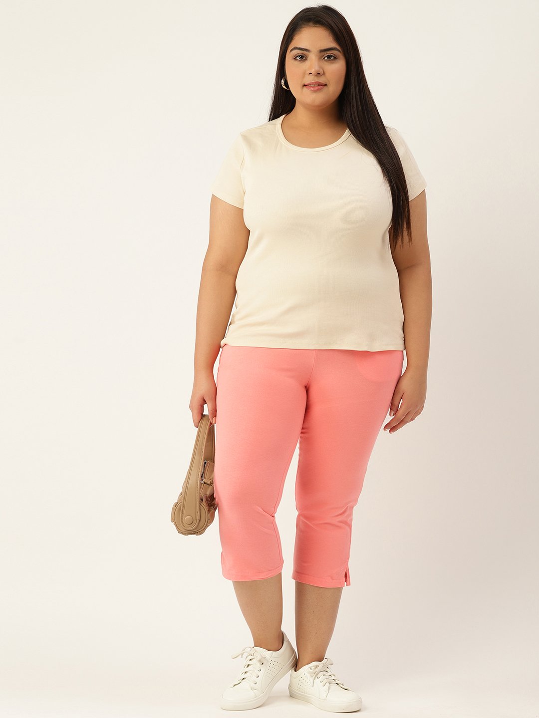 Women's Plus Size Dark Peach Solid Color Regular Fit Capris