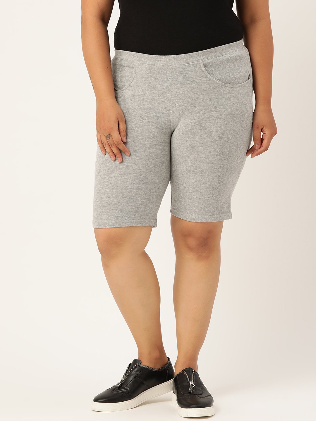 Women's Plus Size Light Grey Solid Color Cotton Shorts