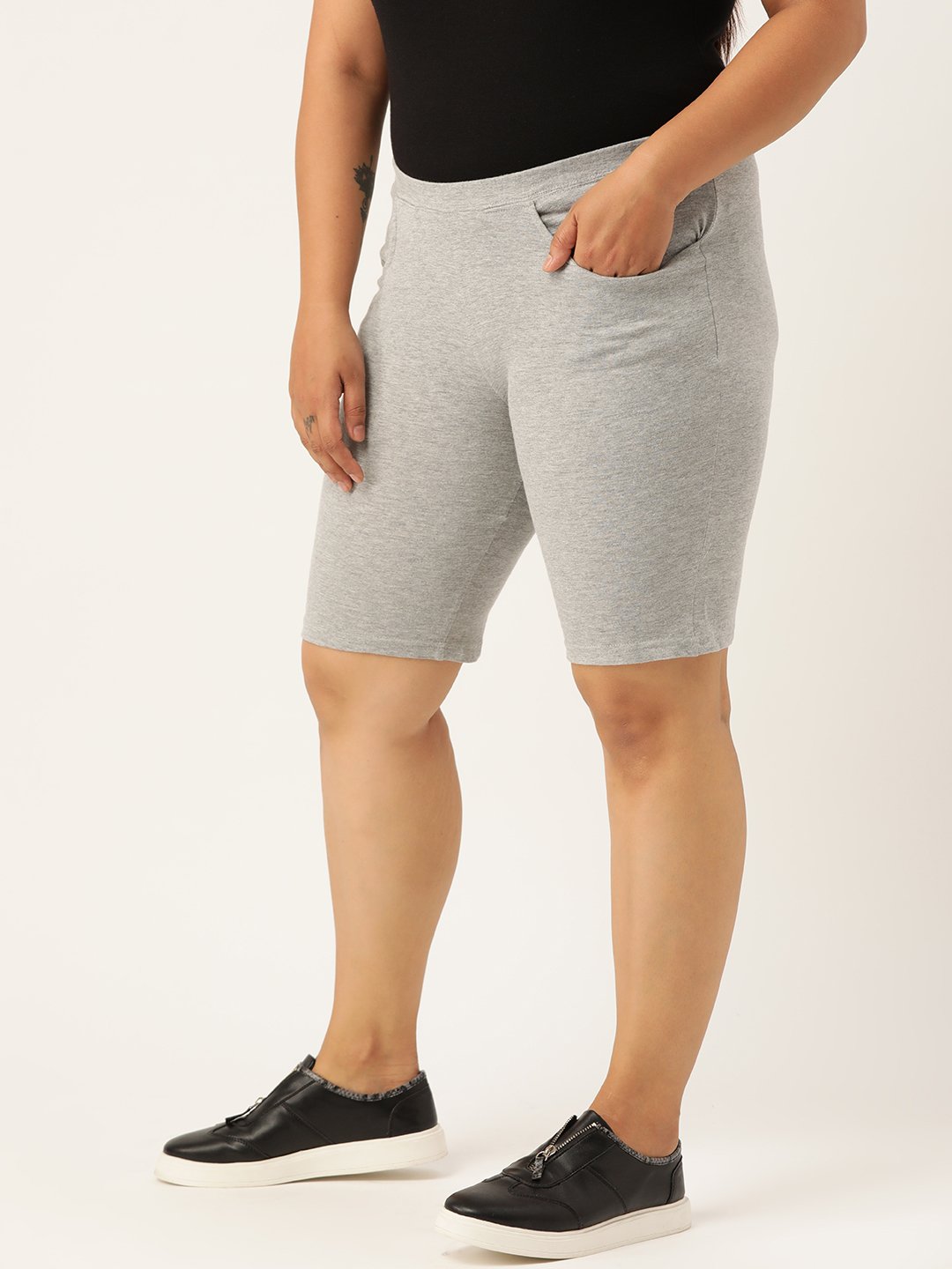 Women's Plus Size Light Grey Solid Color Cotton Shorts