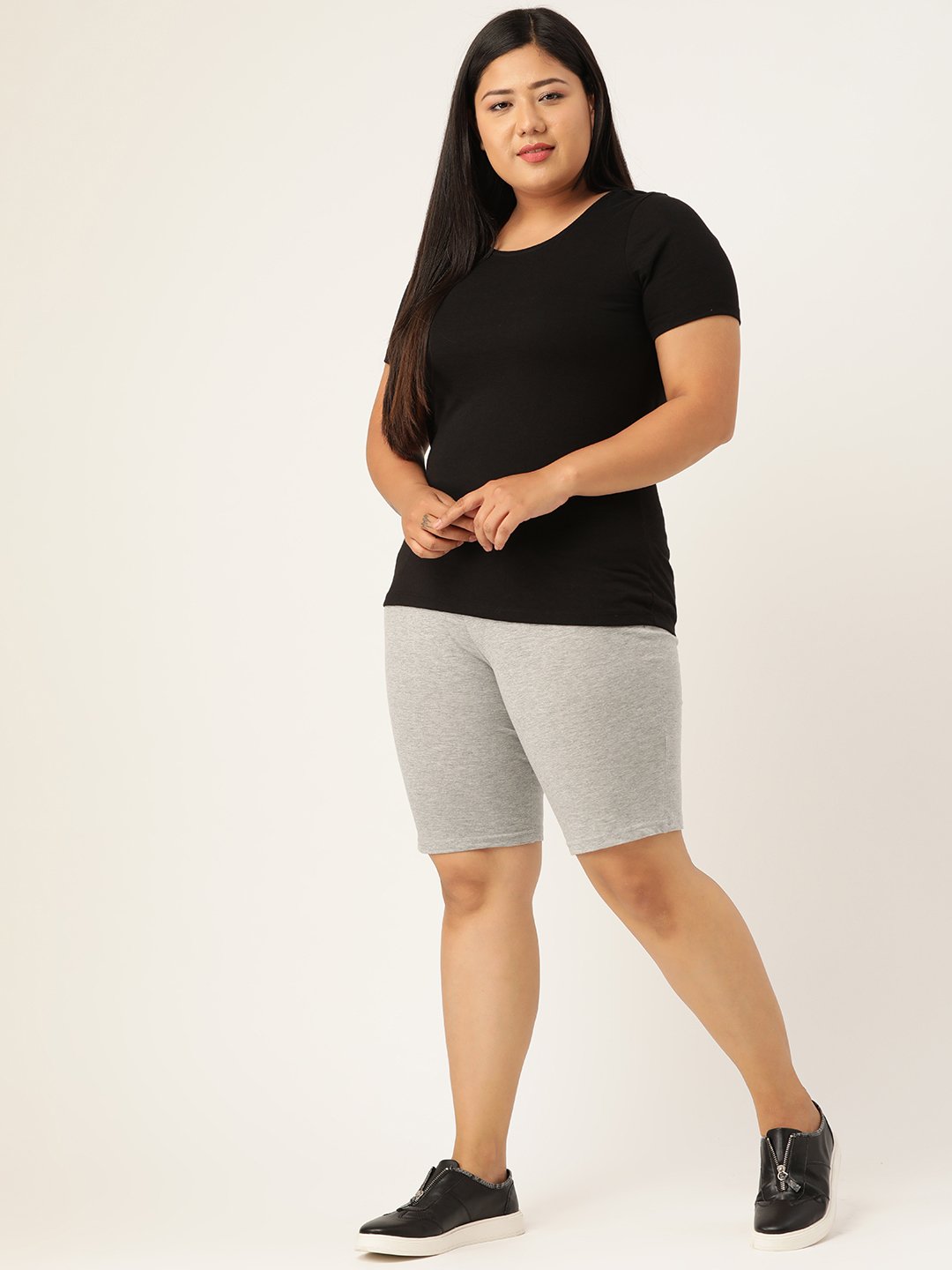 Women's Plus Size Light Grey Solid Color Cotton Shorts
