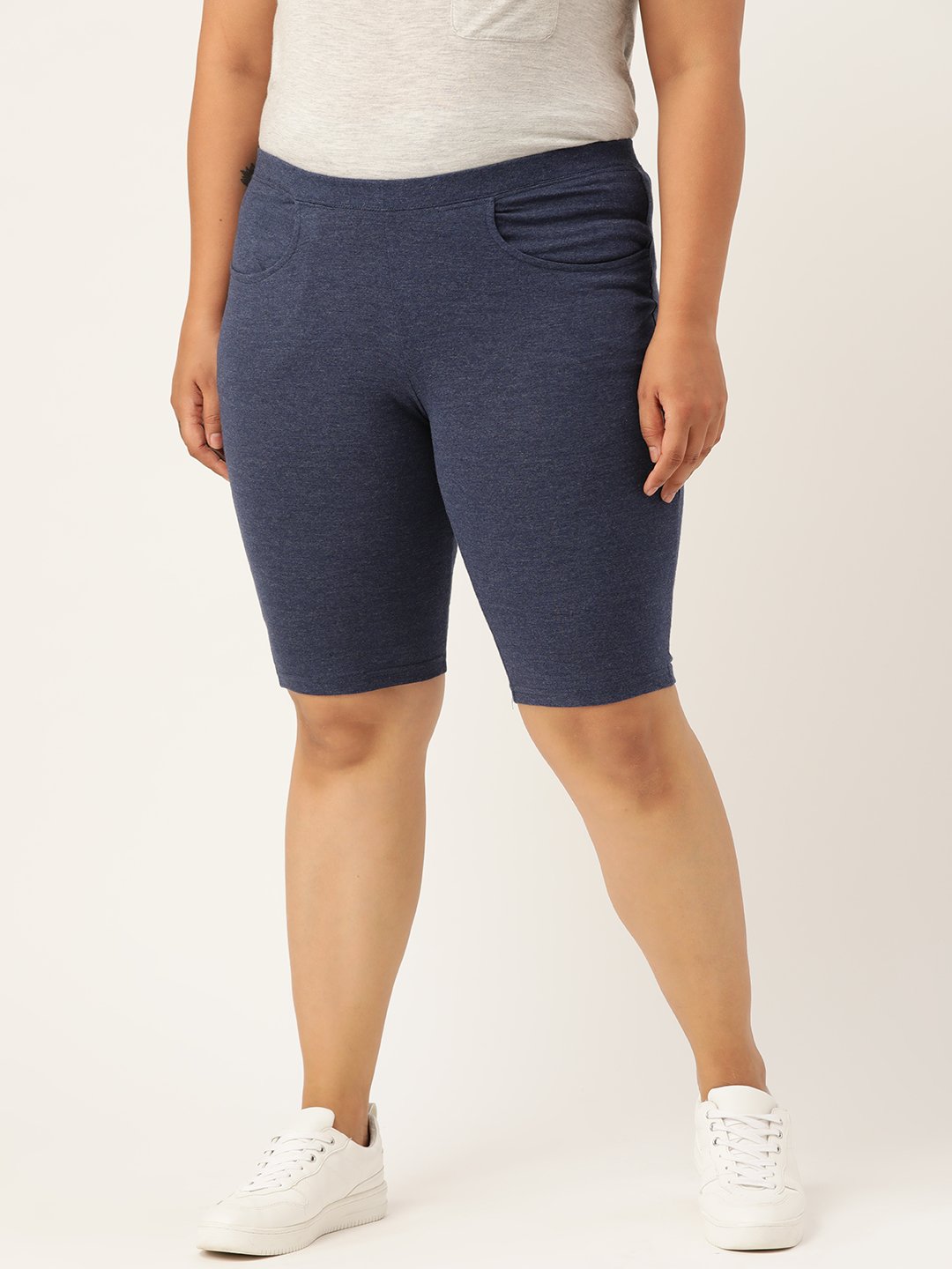 Women's Plus Size Melange Blue Solid Color Cotton Shorts