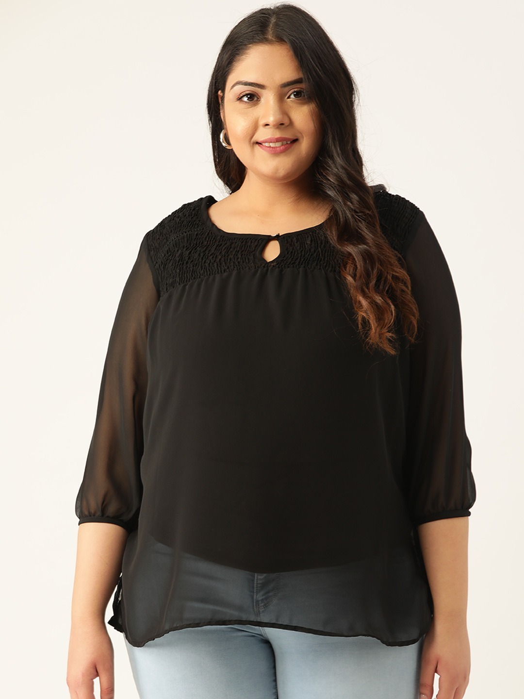 Women's Plus Size Black Solid Color Smocked Sheer Top