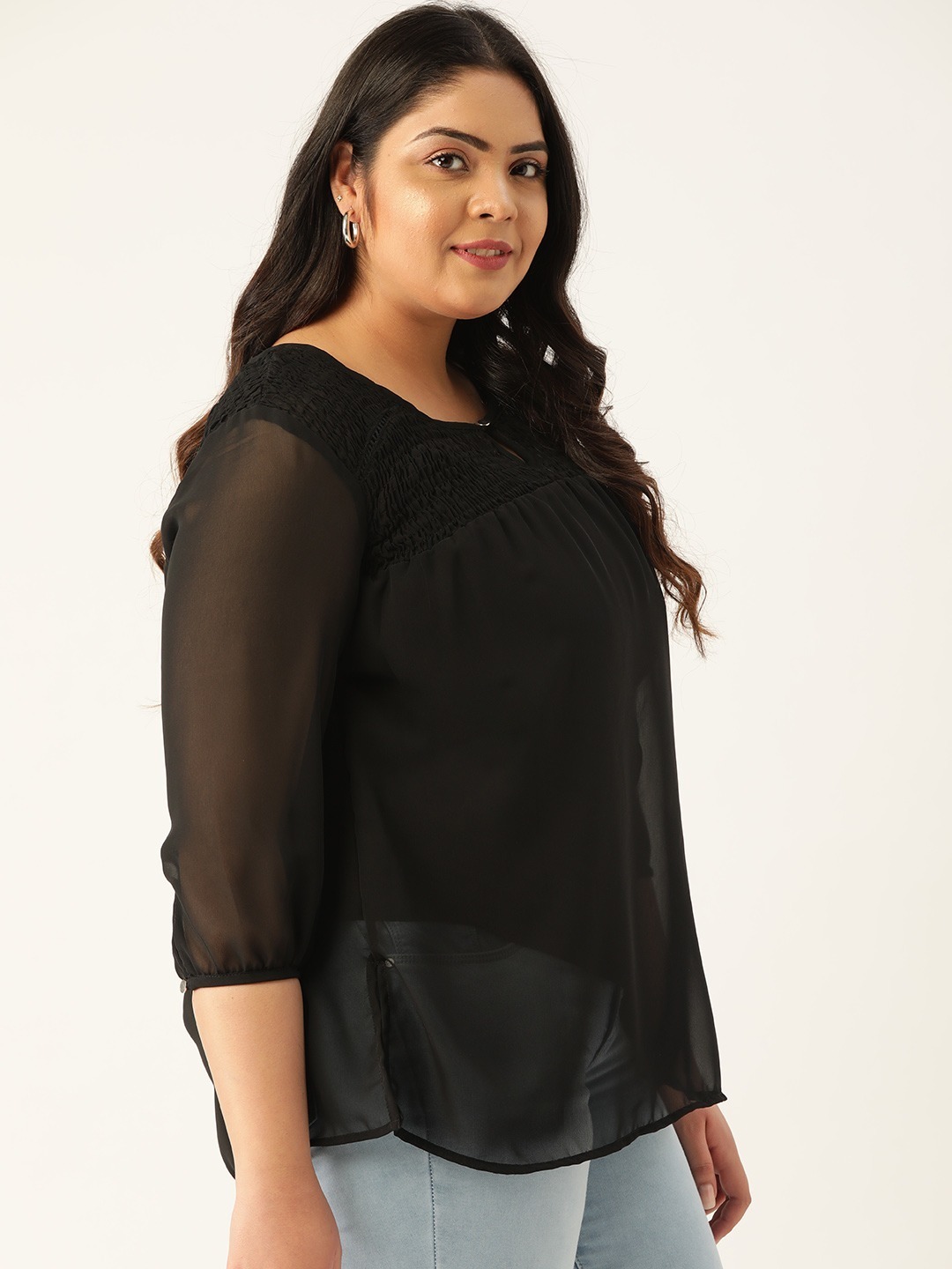 Women's Plus Size Black Solid Color Smocked Sheer Top