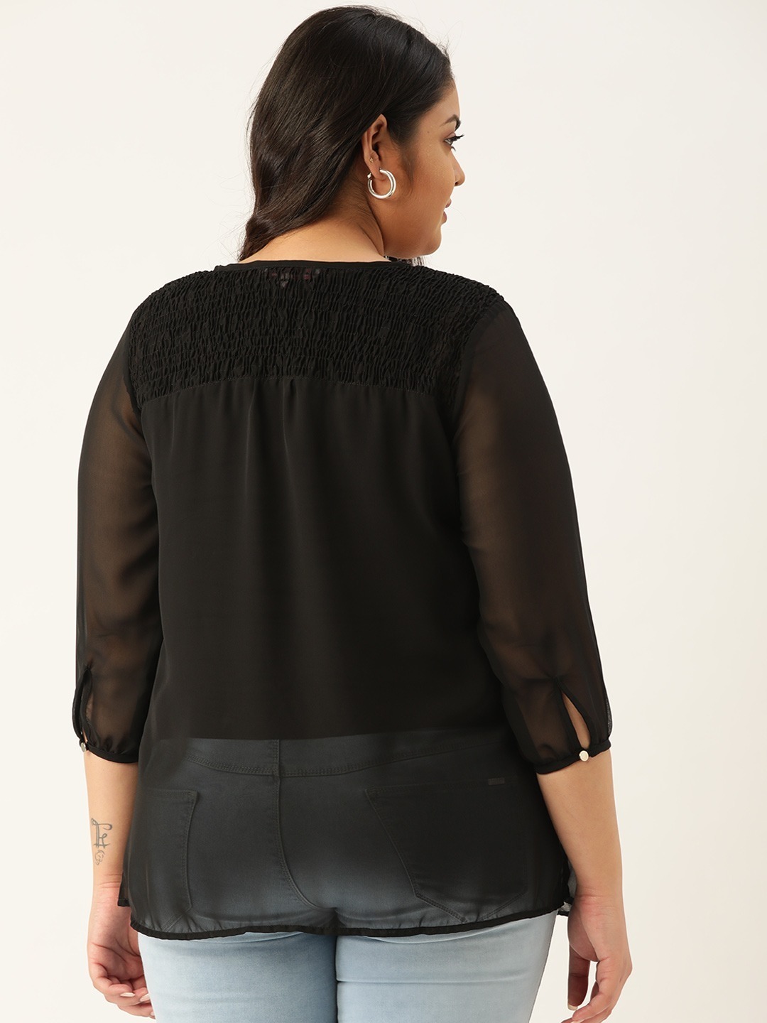 Women's Plus Size Black Solid Color Smocked Sheer Top