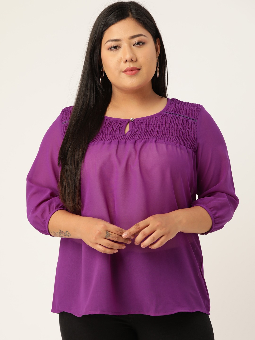 Women's Plus Size Purple Solid Color Smocked Sheer Top