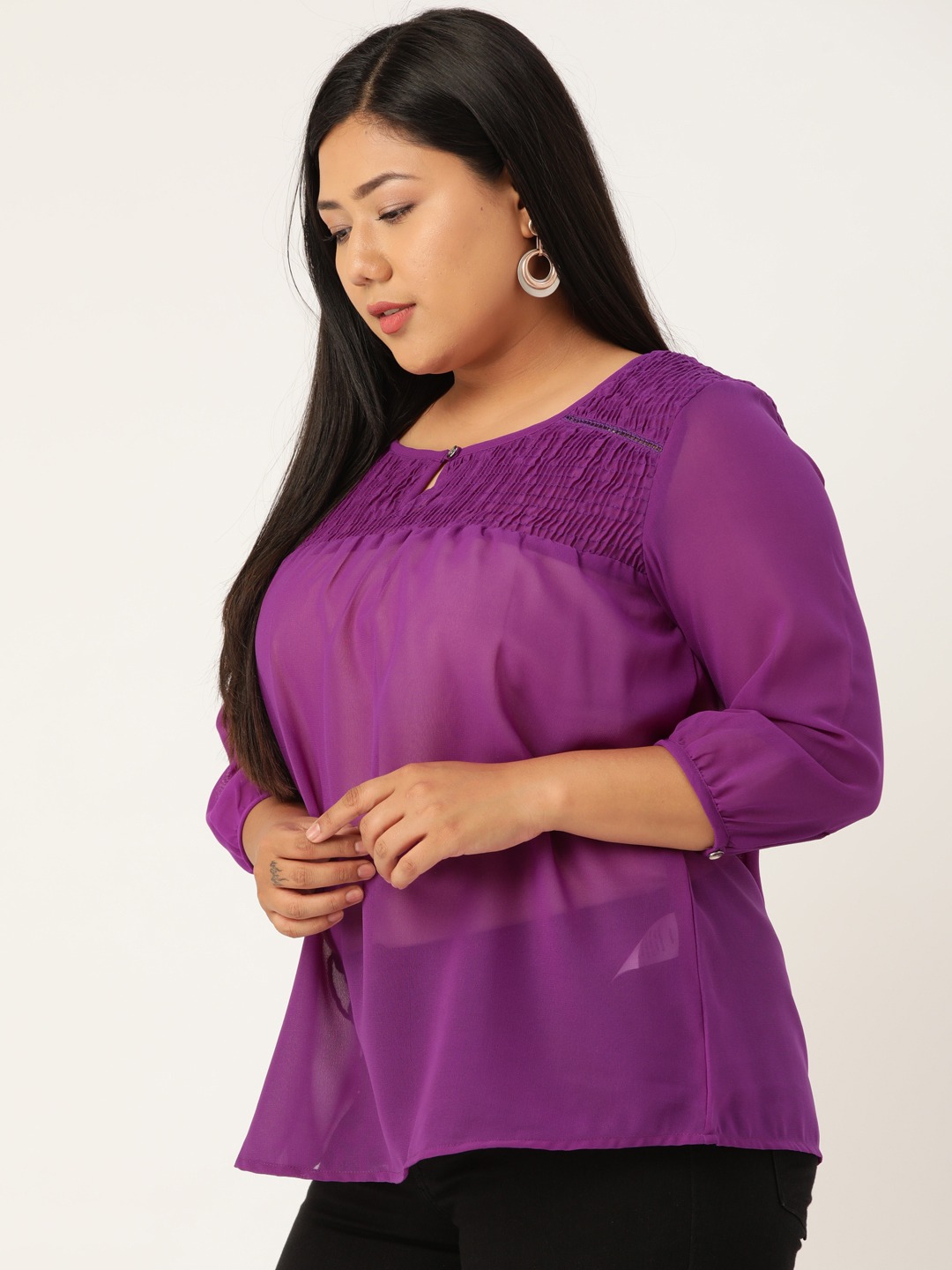 Women's Plus Size Purple Solid Color Smocked Sheer Top