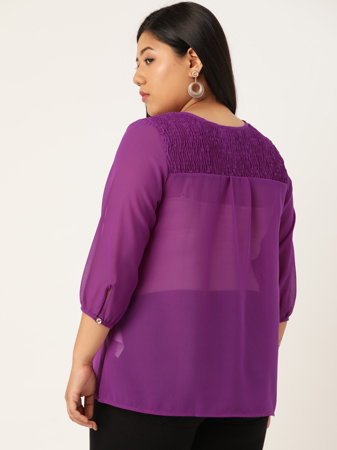 Women's Plus Size Purple Solid Color Smocked Sheer Top