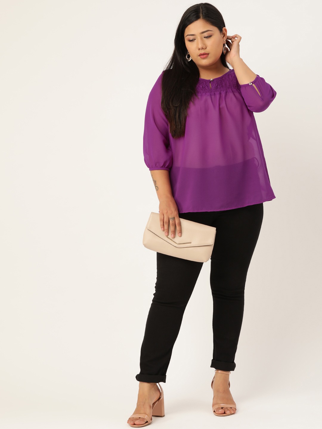 Women's Plus Size Purple Solid Color Smocked Sheer Top