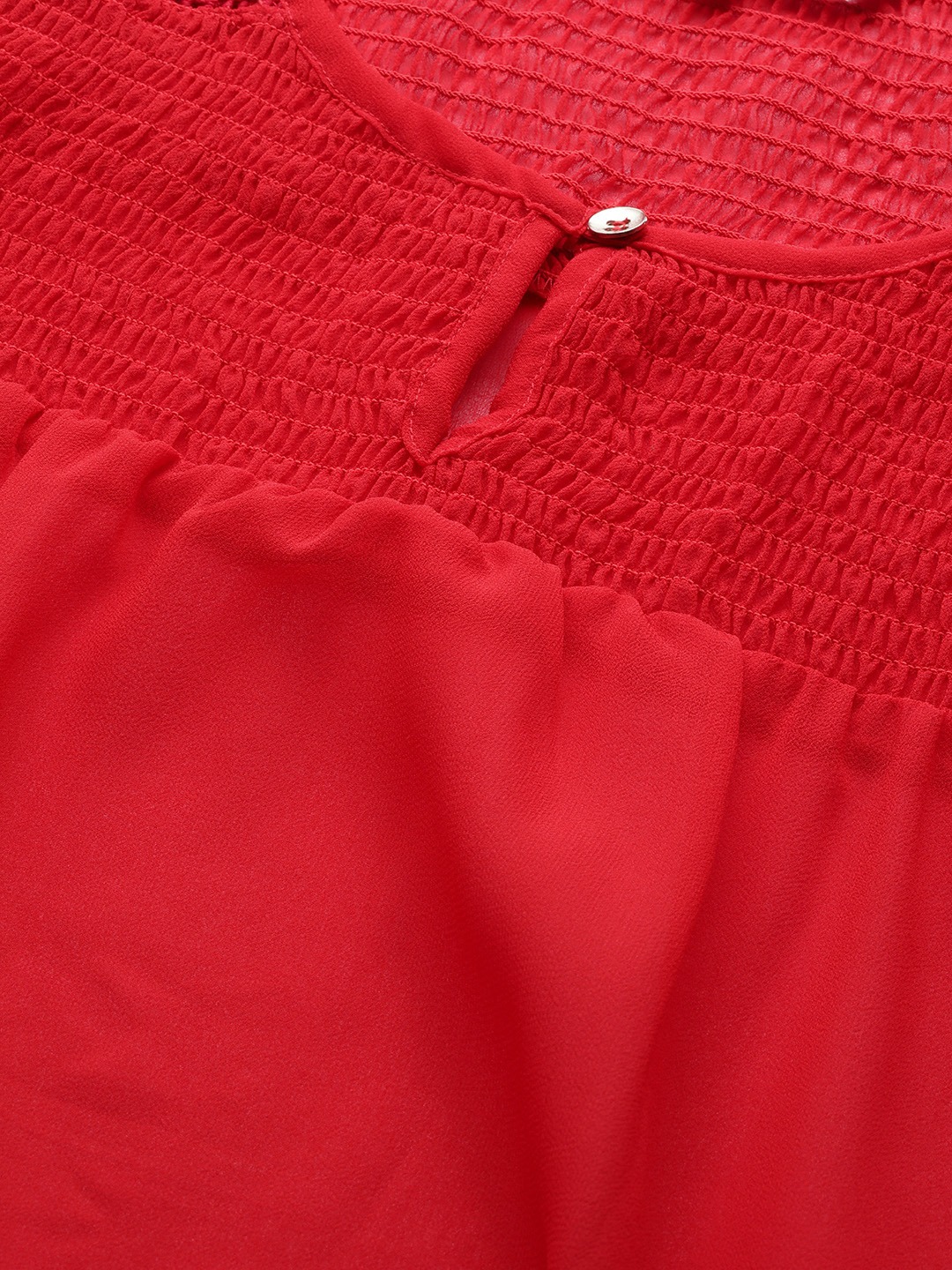 Women's Plus Size Red Solid Color Smocked Sheer Top