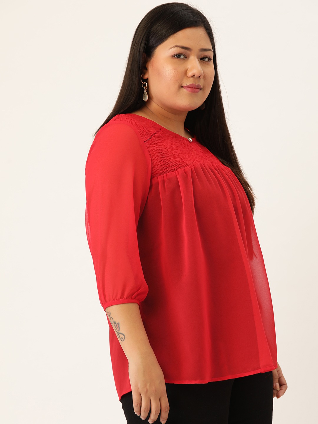 Women's Plus Size Red Solid Color Smocked Sheer Top