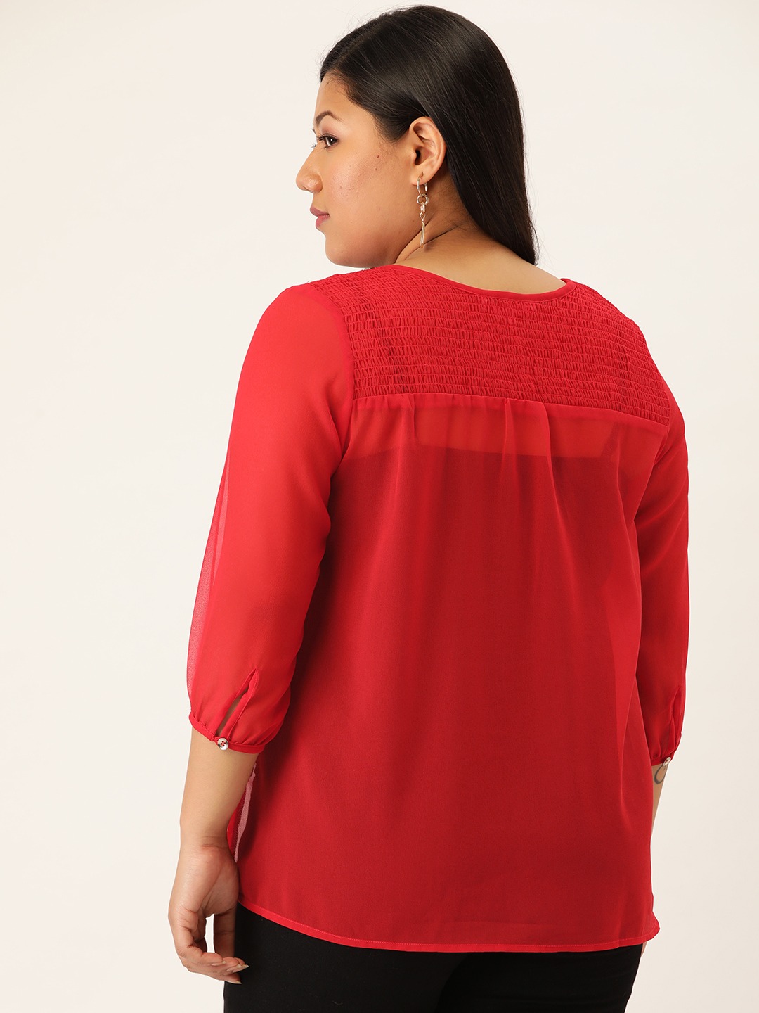 Women's Plus Size Red Solid Color Smocked Sheer Top