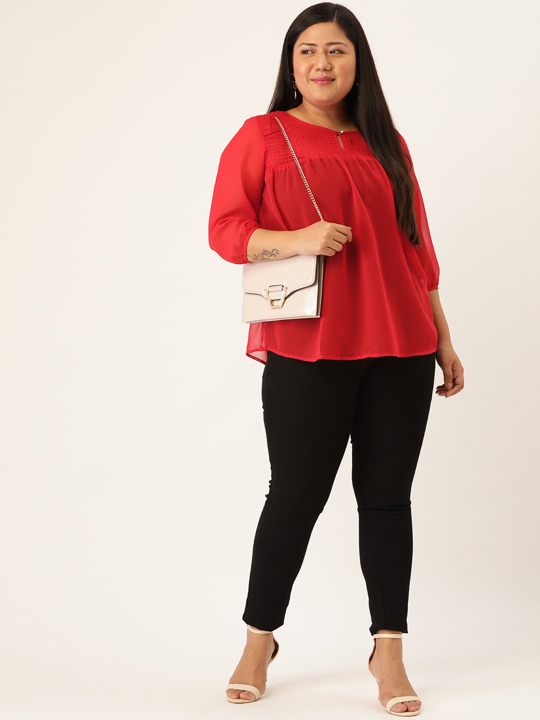 Women's Plus Size Red Solid Color Smocked Sheer Top