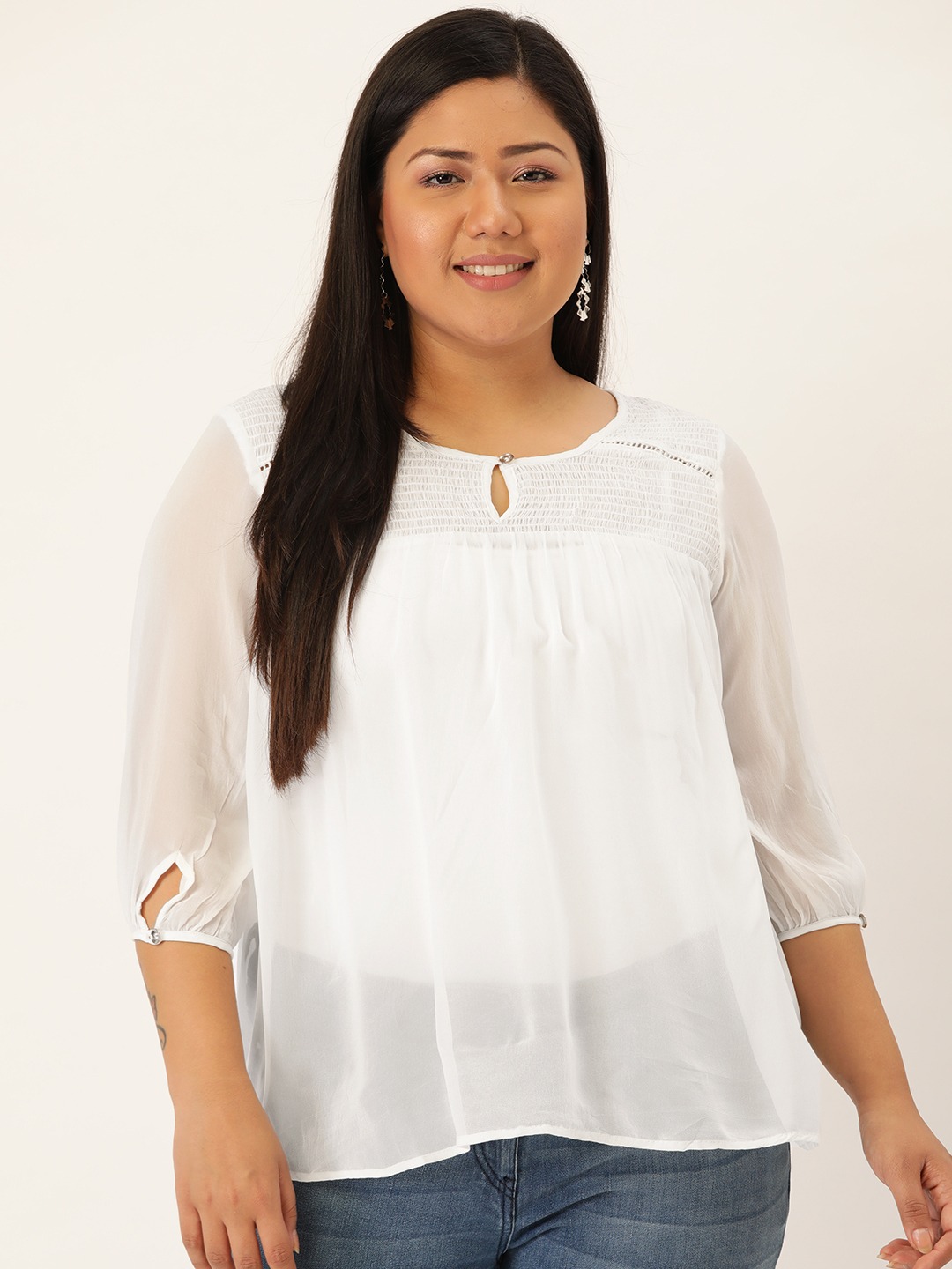 Women's Plus Size White Solid Color Smocked Sheer Top