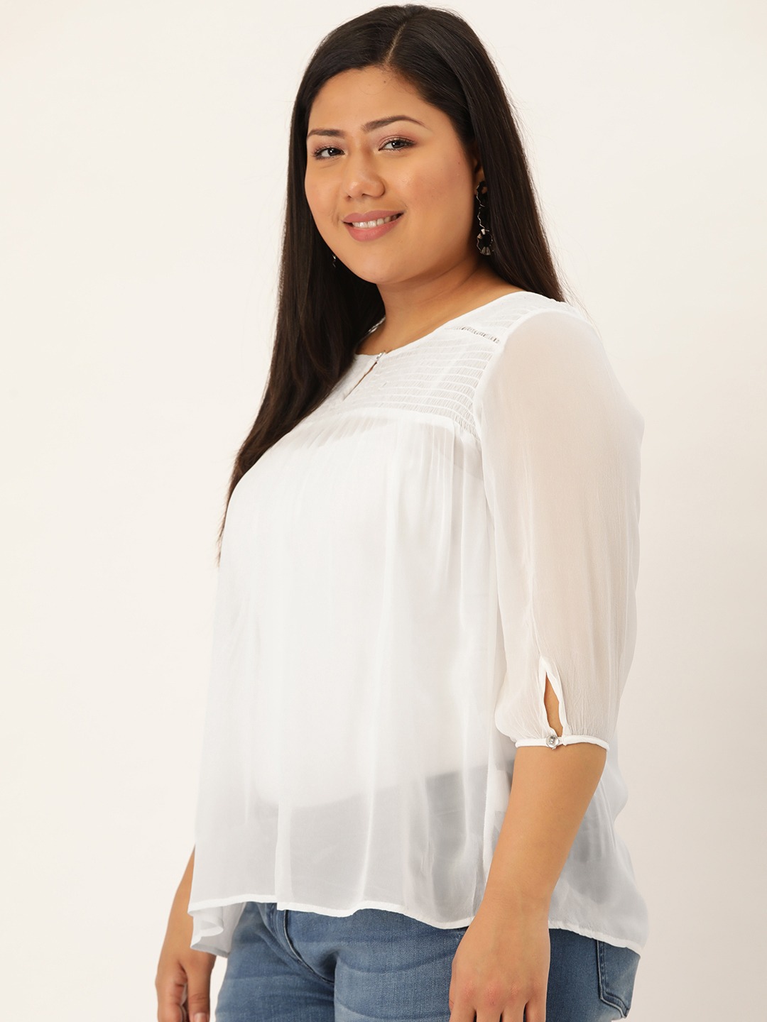 Women's Plus Size White Solid Color Smocked Sheer Top