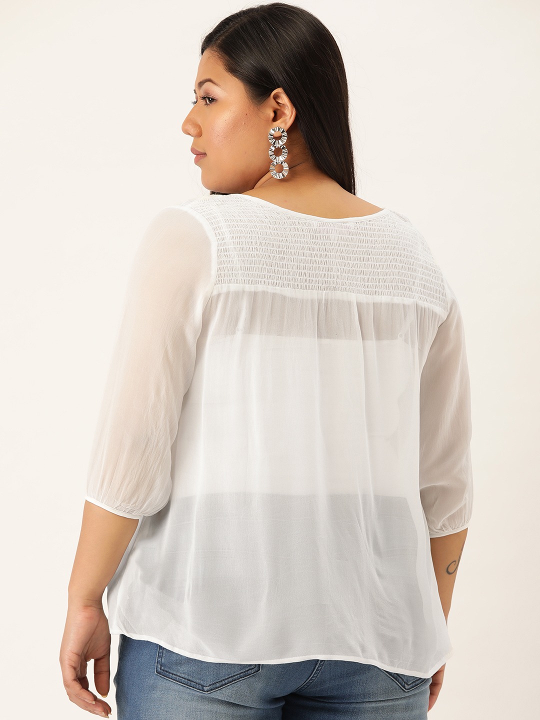 Women's Plus Size White Solid Color Smocked Sheer Top