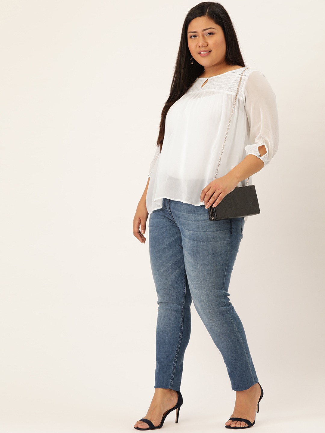 Women's Plus Size White Solid Color Smocked Sheer Top