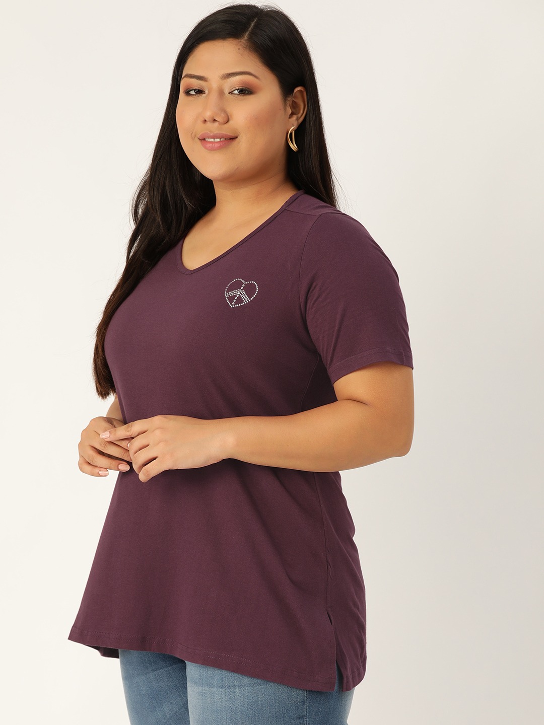 Women's Plus Size Purple Solid Color V-Neck Cotton T-Shirt