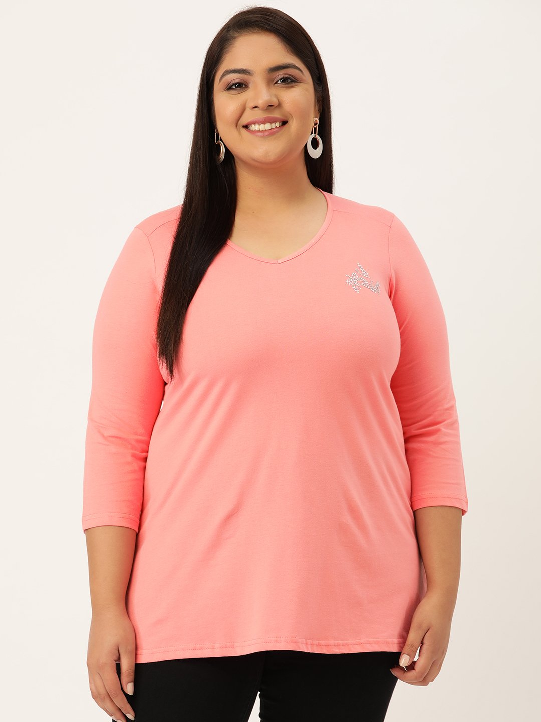 Women's Plus Size Dark Peach Solid V-Neck 3/4th Sleeve T-Shirt