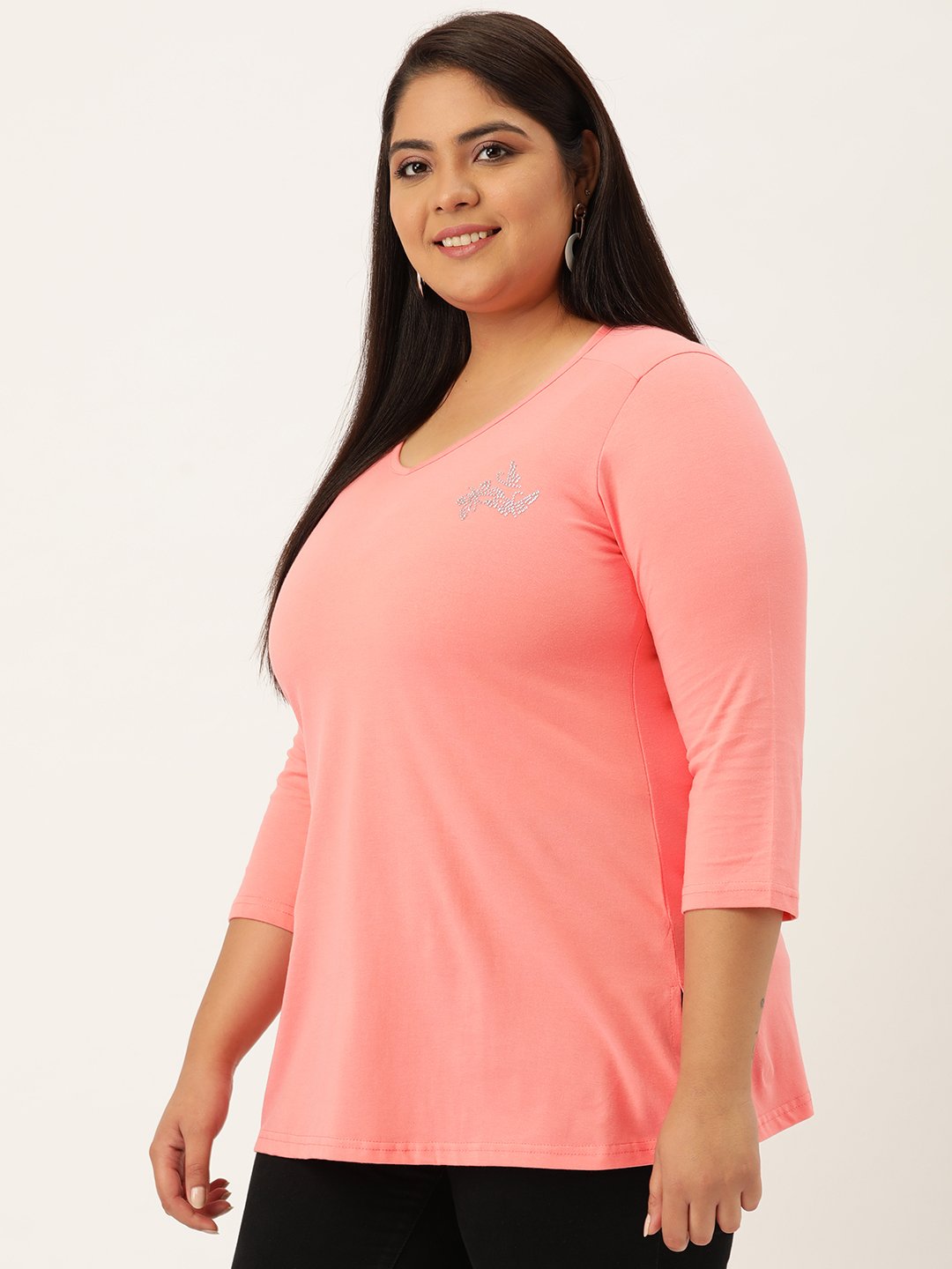 Women's Plus Size Dark Peach Solid V-Neck 3/4th Sleeve T-Shirt