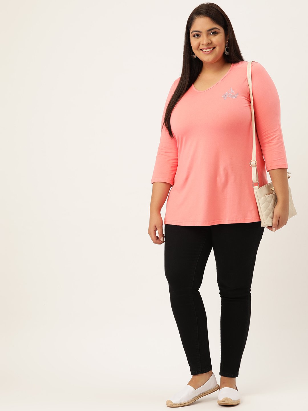 Women's Plus Size Dark Peach Solid V-Neck 3/4th Sleeve T-Shirt