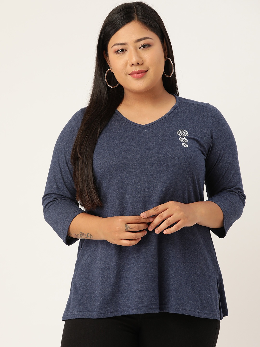 Women's Plus Size Melange Blue Solid V-Neck 3/4th Sleeve T-Shirt