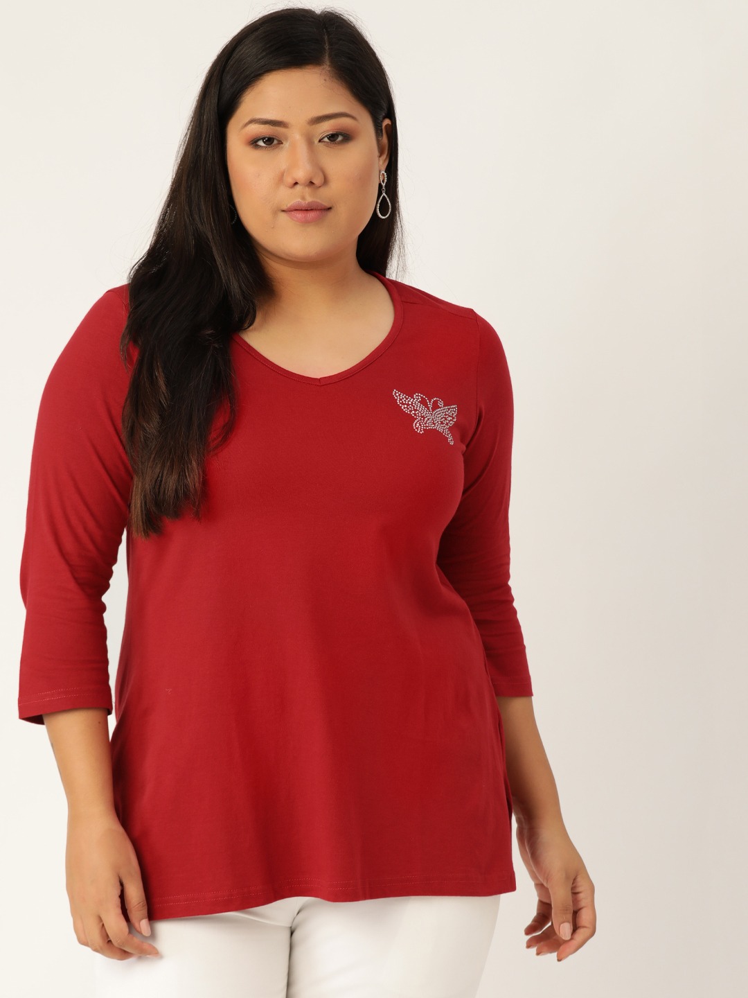 Women's Plus Size Maroon Solid V-Neck 3/4th Sleeve T-Shirt