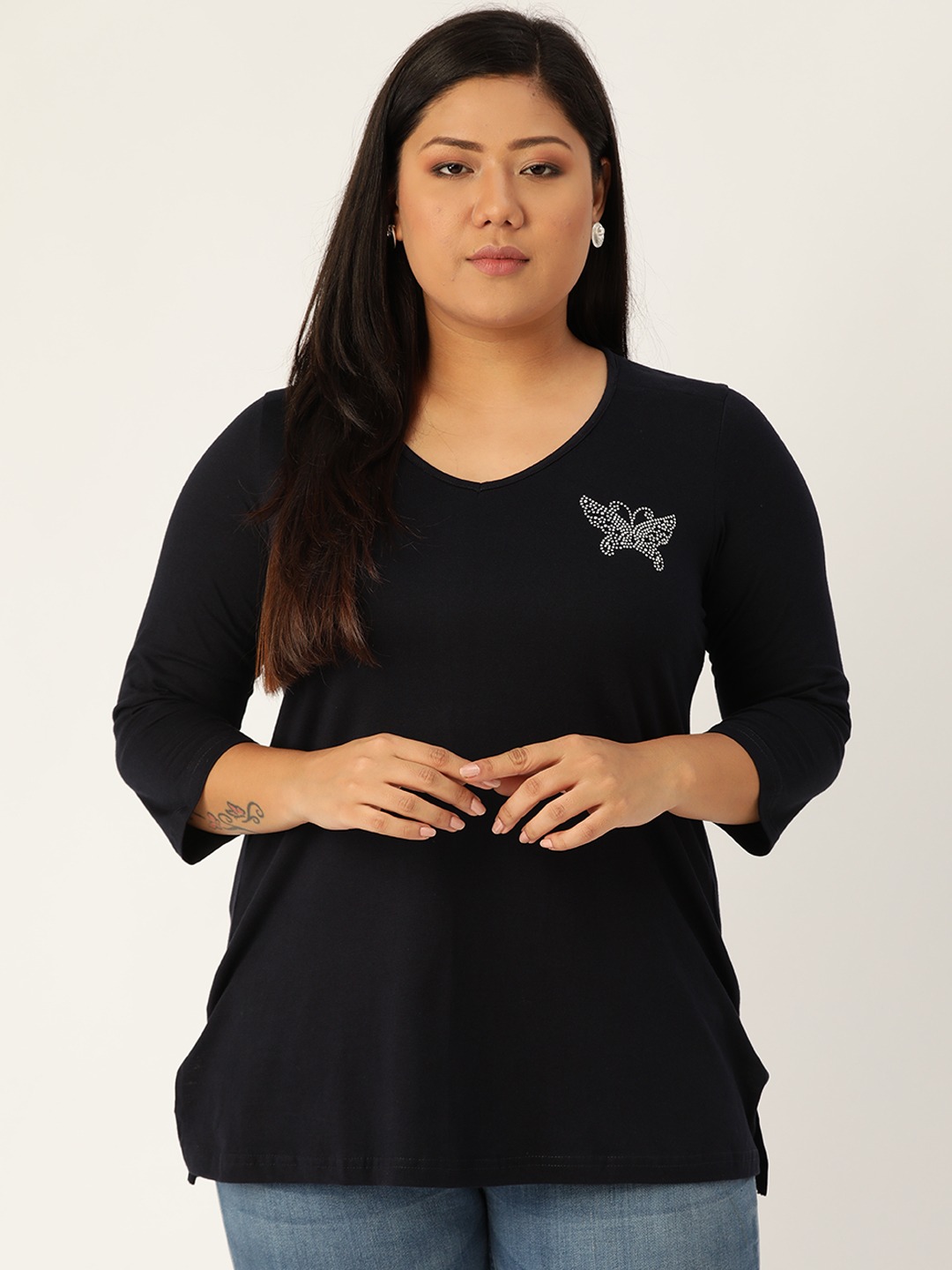 Women's Plus Size Navy Blue Solid V-Neck 3/4th Sleeve T-Shirt